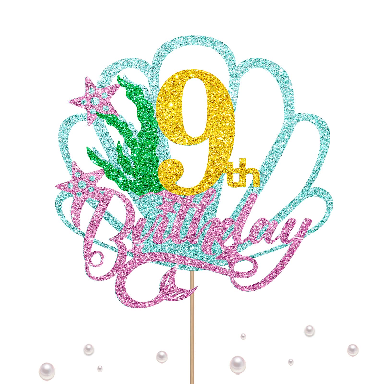 Mermaid 9th Birthday Cake Topper - Gold Glitter Happy 9th Birthday Cake Decor for Girls, Little Mermaid Party Decoration, Under the Sea Theme Party Supplies - Perfect for Birthday Cakes, Cupcakes, and Dessert Tables