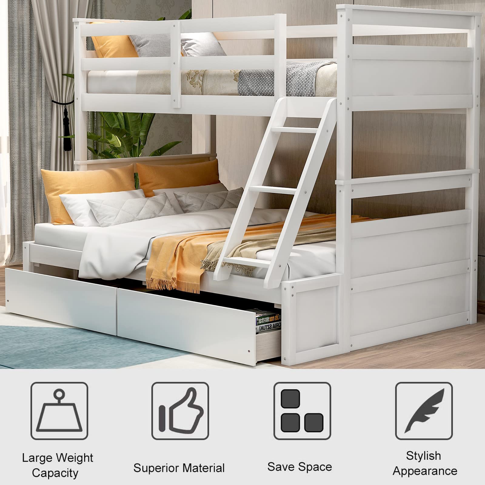 **CITYLIGHT Twin Over Full Bunk Bed with Storage Drawers - Convertible Wood Bunk Bed for Kids, Teens & Adults - No Box Spring Needed - White - Ideal for Small Bedrooms, Guest Rooms & Dormitories**
