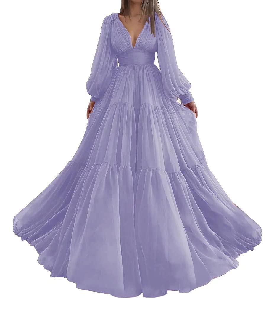 Elegant Prom Dresses with Puffy Sleeves & Tulle Ball Gown Skirt for Women - Formal V-Neck Long Evening Gowns for Homecoming, Wedding, Quinceañera & Special Occasions