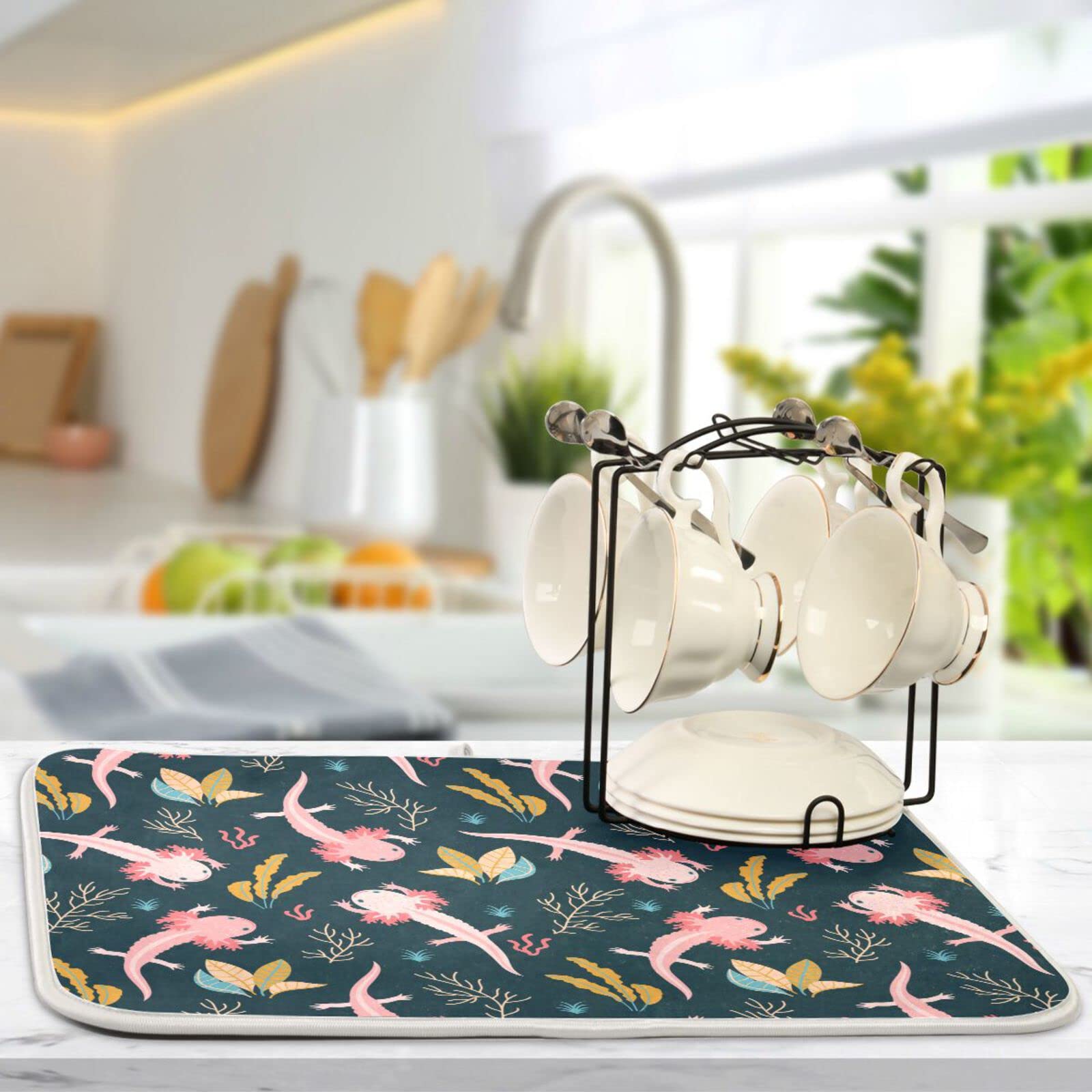 Premium Microfiber Axolotl Dish Drying Mat - 16x18 Inch Absorbent Kitchen Countertop Drainer - Perfect for Dishes, Utensils & Glassware - Cute Kitchen Decor for Modern Homes