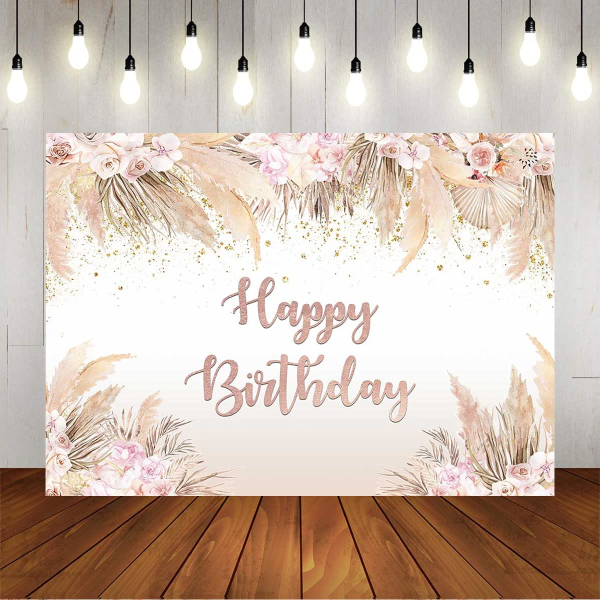 Boho Happy Birthday Backdrop for Women & Girls - Bohemian Chic Pink Flowers & Pampas Grass Vinyl Photo Booth Background (8x6ft) - Perfect for Birthday Parties, Cake Tables, and Decorations