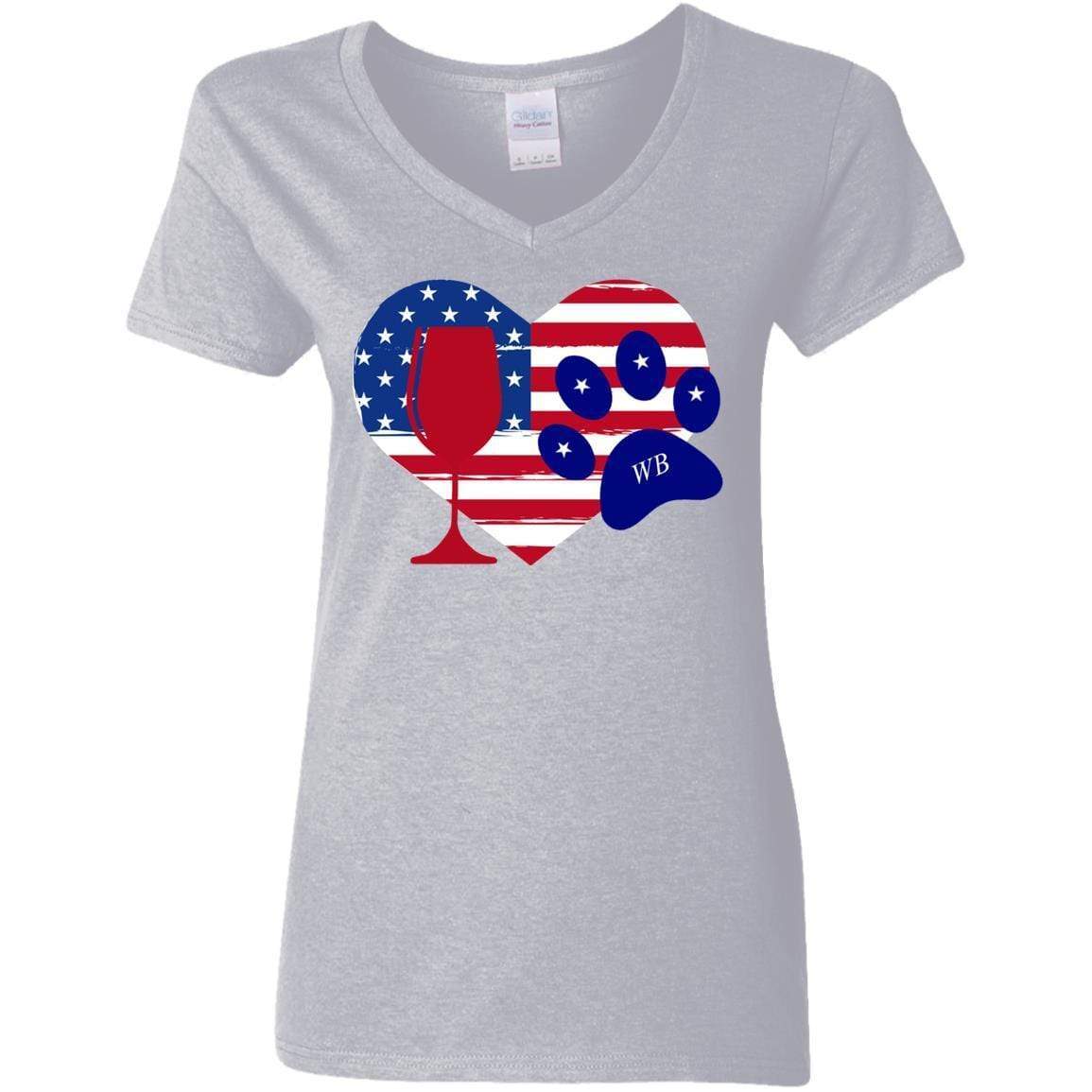 WineyBitches.Co American Wine Paw Heart Ladies' 5.3 oz V-Neck T-Shirt - Perfect for Wine Lovers, Casual Wear & Girls' Night Out