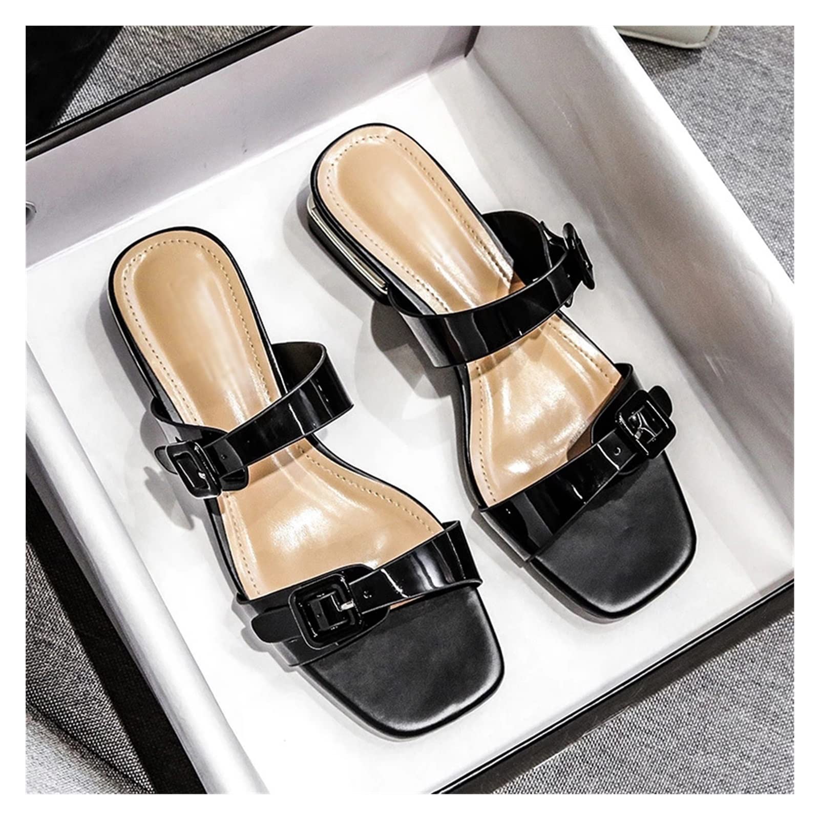 JSJFXZ Women's Summer Fashion Sandals - Low Heel Leather Comfortable Black Slippers for Casual Wear | Size 35 | Perfect for Beach, Vacation & Everyday Outfits