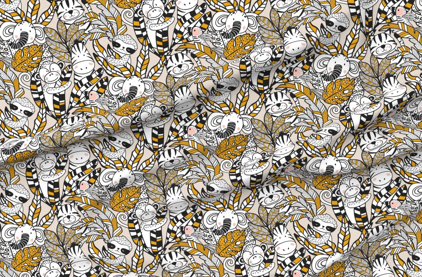 Jungle Animals Printed Organic Cotton Sateen Fabric - Gender Neutral Zebra Monkey Elephant Tropical Design for Sewing, Quilting, Apparel & Home Decor | Perfect for Baby Clothes, Curtains & DIY Crafts