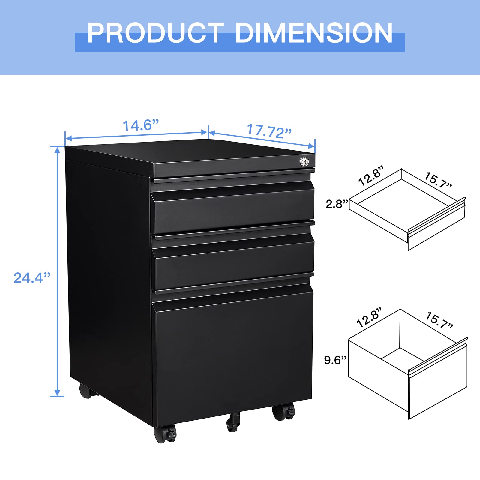 Yizosh 3-Drawer Locking Mobile File Cabinet - Black Under Desk Rolling Storage Organizer for Legal/Letter/A4 Files - Heavy Duty Metal File Cabinet with Wheels (Fully Assembled) - Perfect for Office, Home, or Classroom Organization