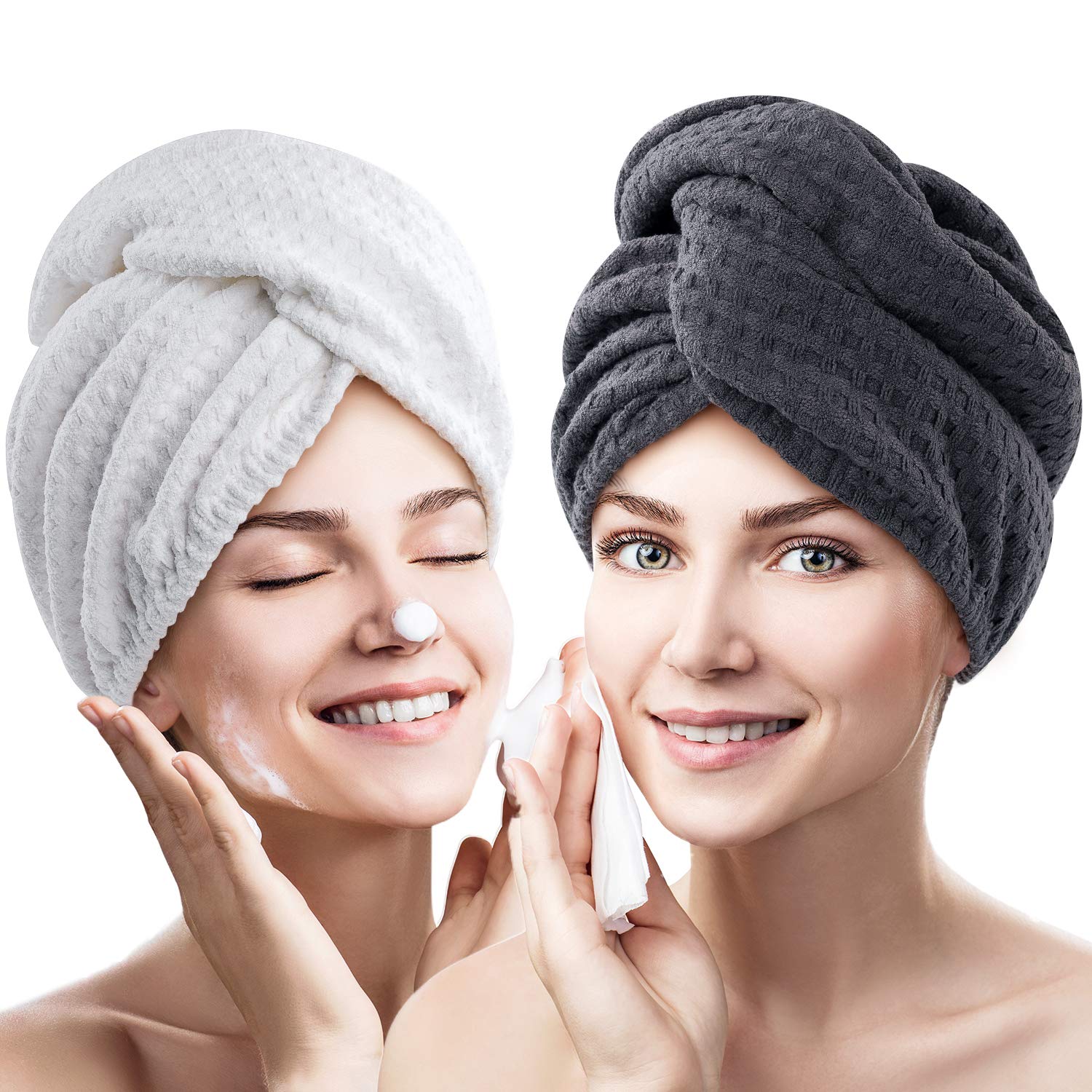 Microfiber Hair Towel Wrap for Women 2 Pack - Super Absorbent Waffle Weave Hair Turban for Long, Curly & Straight Hair - Quick Dry Anti-Frizz Towel for Color Treated Hair (White & Grey) - Perfect for Post-Shower, Salon & Travel Use