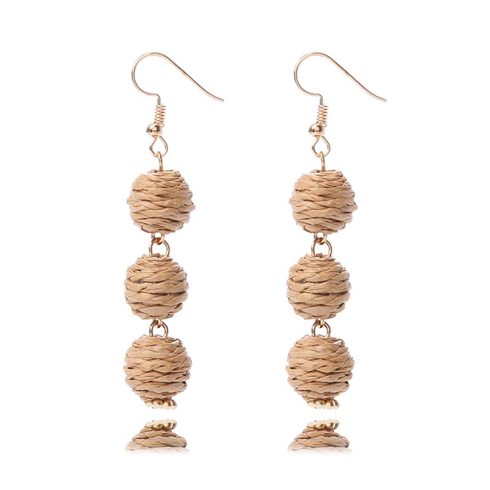 Bohemian Rattan Tassel Earrings for Women - Handmade Long Dangle Boho Earrings with Ball Beads - Perfect for Summer, Beach, Festival, Birthday Gifts - Great for Boho Fashion, Vacation Accessories & Casual Wear