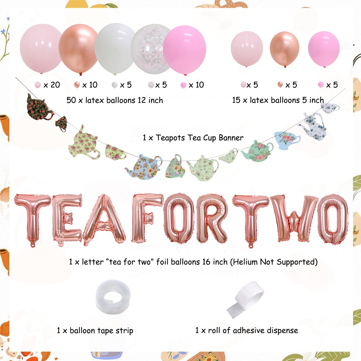 Tea Party 2nd Birthday Decorations Set - Balloon Garland Arch, Tea Cup Banner & Foil Balloons for Girls' Tea for Two Theme Party | Perfect for Baby Showers, Princess Parties & 1st Birthday Celebrations