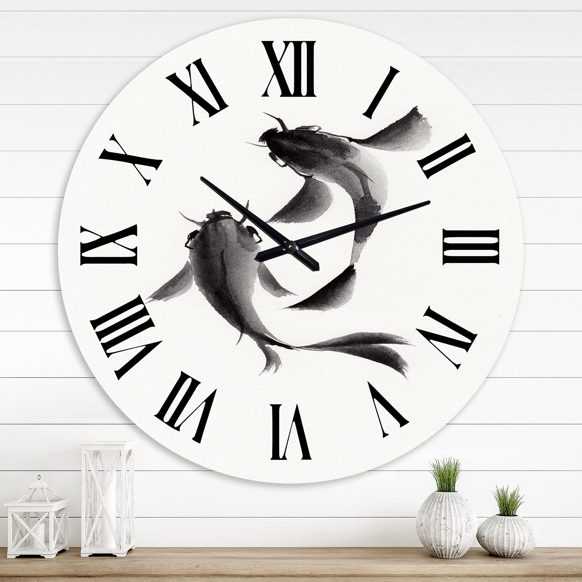 DesignQ Nautical Coastal Wall Clock - Monochrome Vintage Fish II Large Decorative Clock for Bedroom, Living Room & Office | Perfect for Beach House Decor & Coastal Theme Interiors