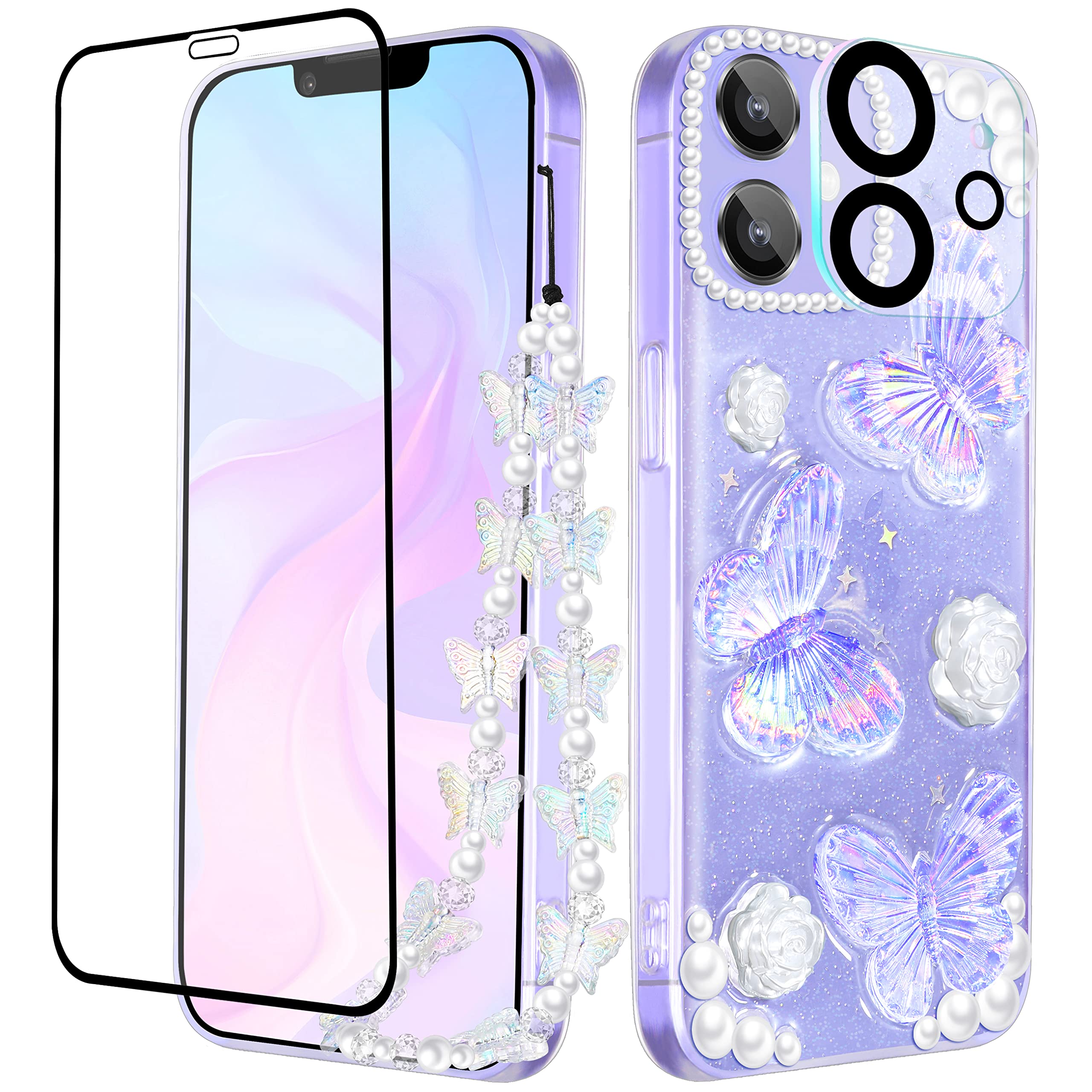 Goocrux 4-in-1 iPhone 12 Mini Case for Women - Glitter Sequin Sparkle Clear Crystal Cover with Chain, Camera Protector & Screen Protector | Cute Girly Design for Everyday Use & Special Occasions