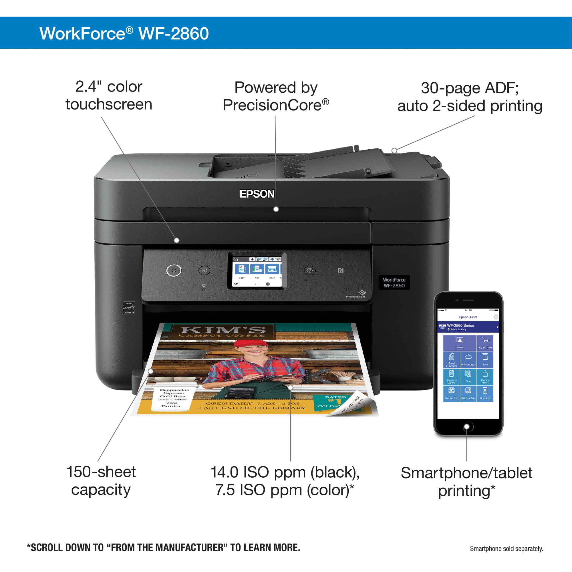 Epson Workforce WF-2860 Wireless All-in-One Color Printer with Scanner, Copier & Fax | Ethernet, Wi-Fi Direct, NFC | Amazon Dash Replenishment Ready | Perfect for Home Office & Small Business Printing Needs