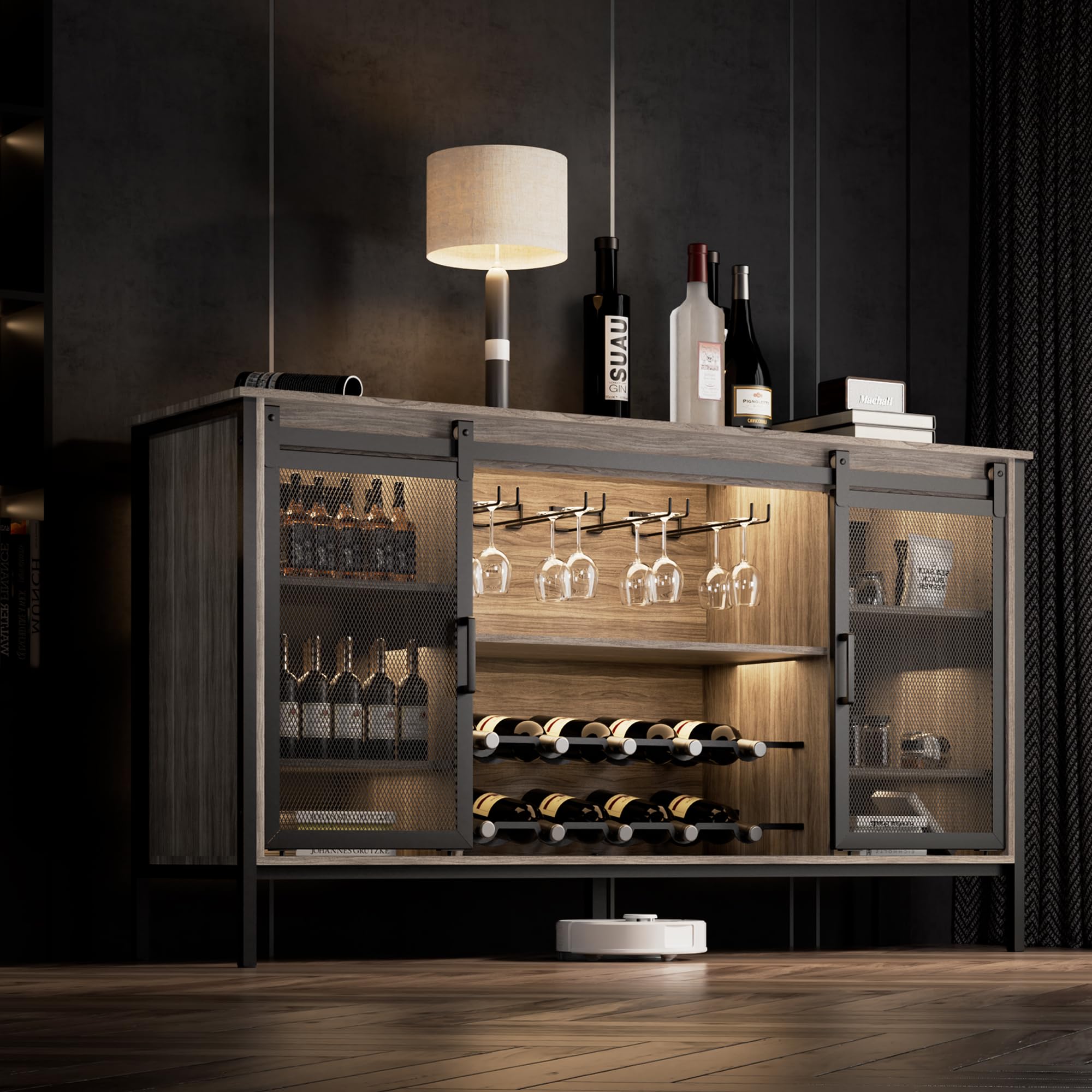 QNICE LED Industrial Wine Bar Cabinet with Sliding Barn Door - Farmhouse Sideboard Buffet Storage for Liquor, Glasses & Coffee Bar - Rustic Dark Finish for Kitchen, Dining Room & Home Bar Decor
