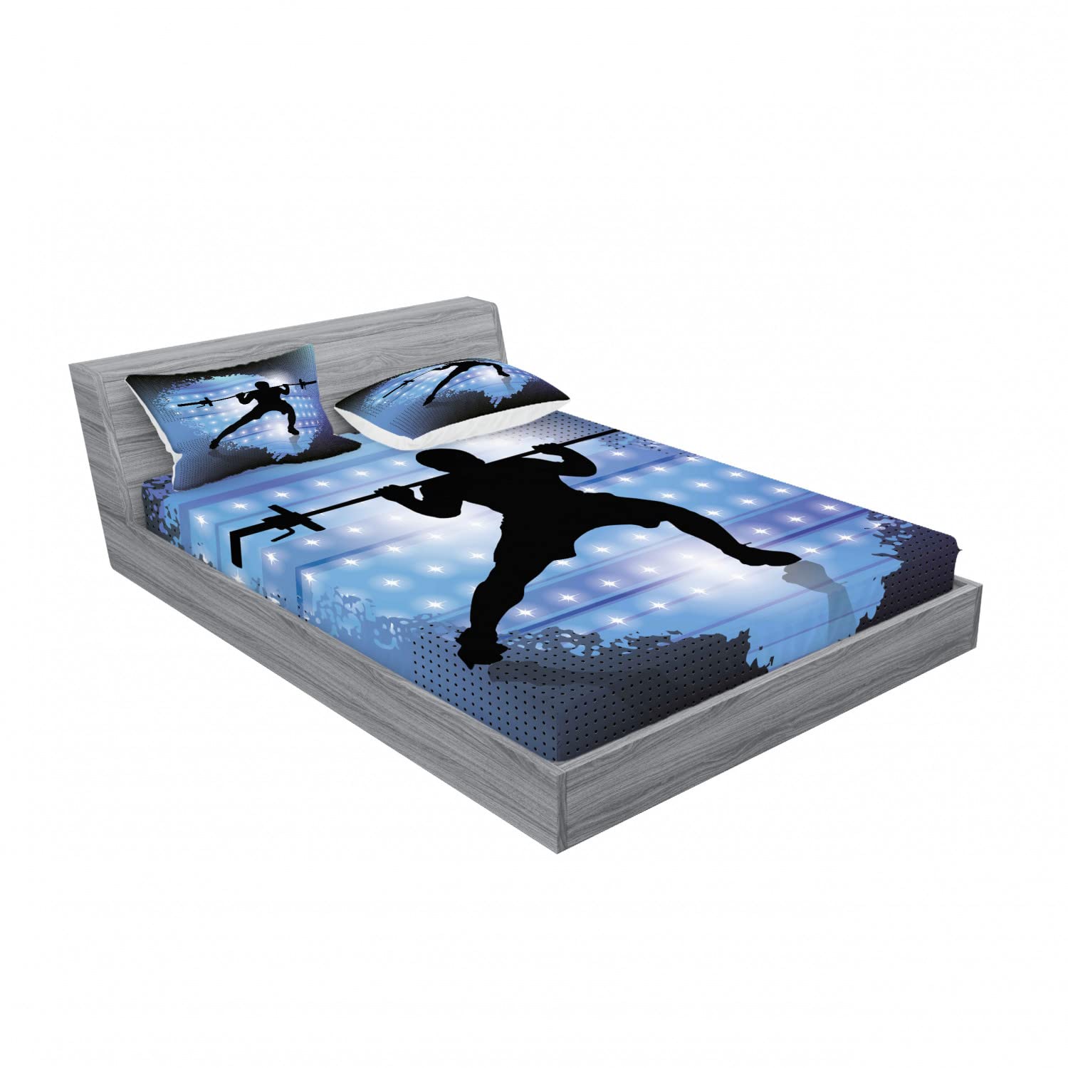 Ambesonne Fitness 2-Pack King Size Fitted Sheet & Pillow Sham Set - Weightlifter Silhouette Design - 4-Piece Bedding Decor in Pale Blue, Black & White - Includes 2 Fitted Sheets & 4 Pillow Covers - Perfect for Gym Enthusiasts & Home Workout Spaces