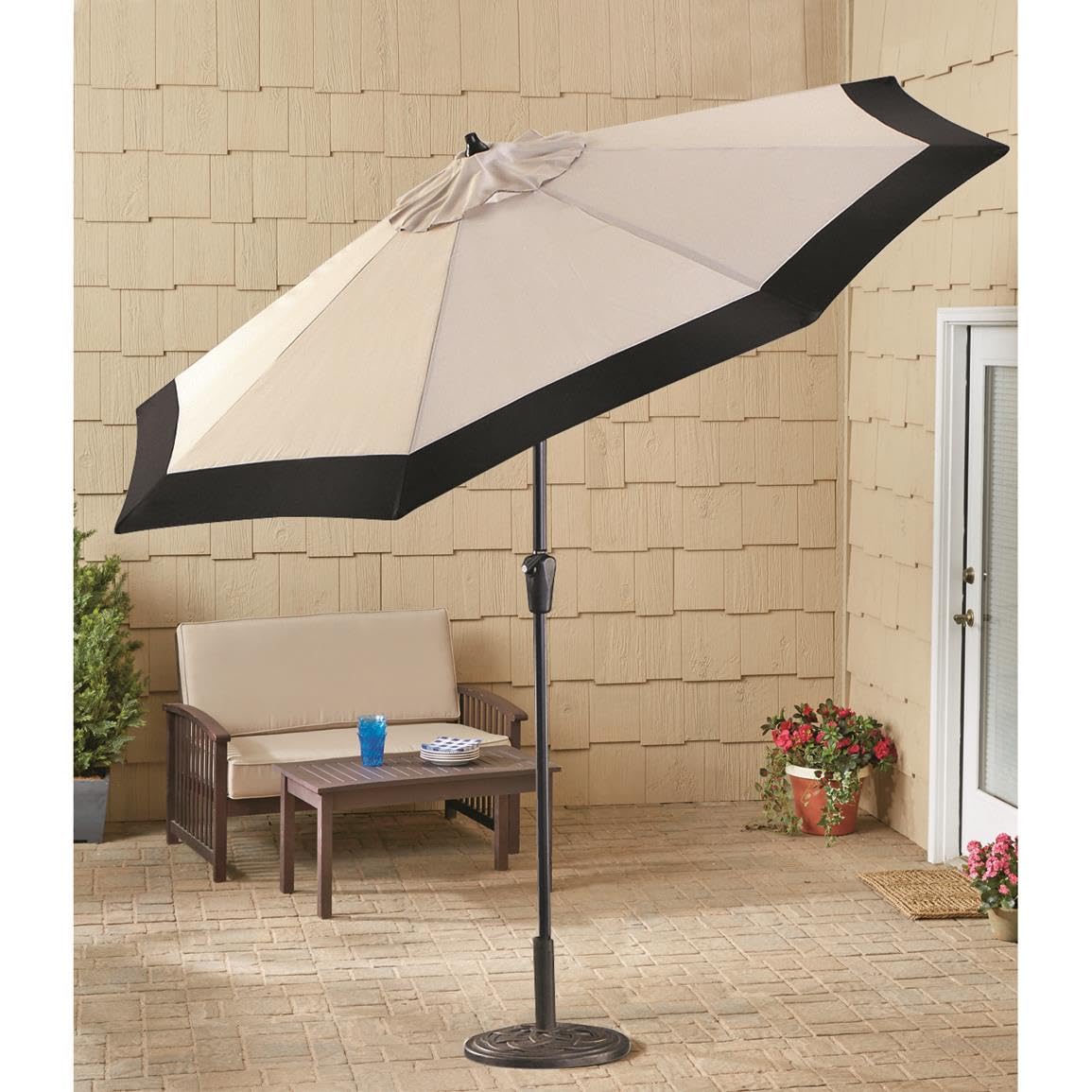 CASTLECREEK 9-Foot Two-Tone Outdoor Patio Umbrella with Push-Button Tilt - Khaki/Black Sun Shade for Deck, Yard, Backyard & Pool - Perfect for Outdoor Dining, Lounging and Poolside Relaxation