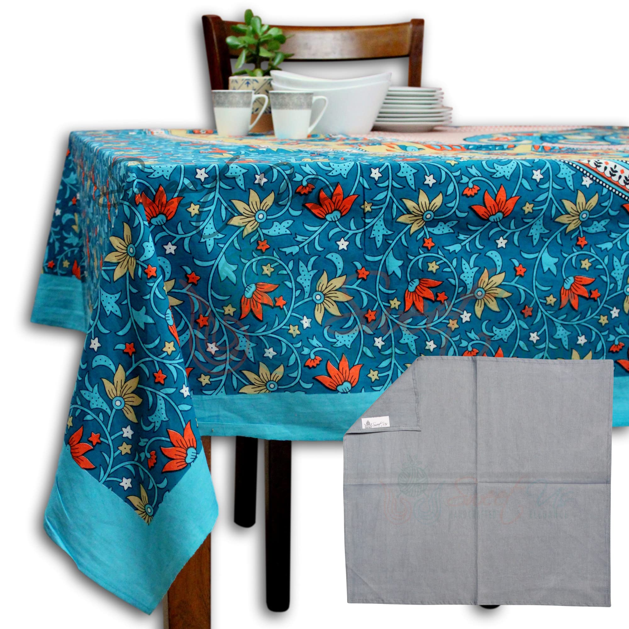 Floral Peacock Tablecloth Set - 88x100 Inch Cotton Rectangular Table Cover with Matching Napkins, Turquoise Gold Orange Kitchen & Dining Table Linen for Indoor Outdoor Use - Perfect for Dinner Parties, Weddings, and Outdoor Gatherings