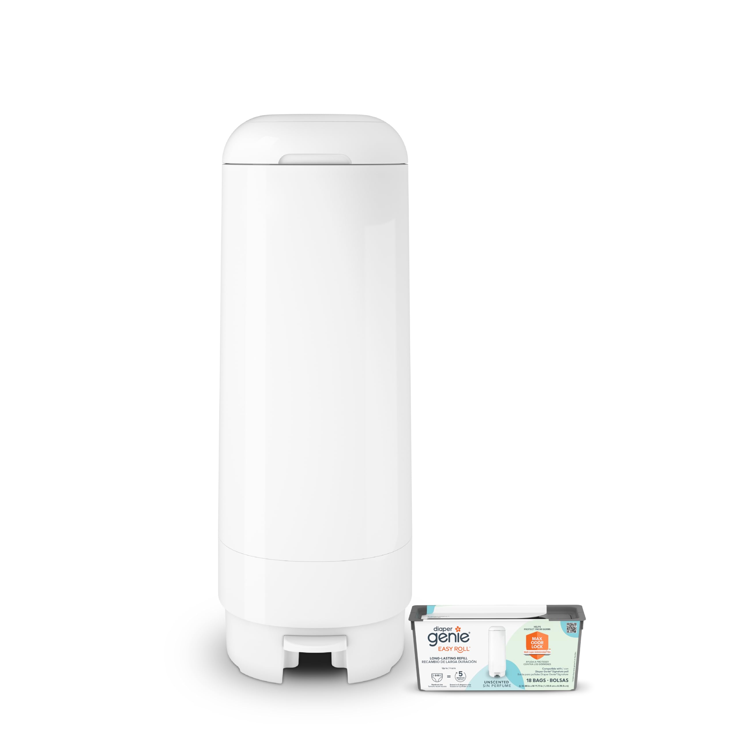 Diaper Genie Signature Diaper Pail with 1 Easy Roll Refill (18 Bags) | Holds 846 Newborn Diapers | Odor Control for Nursery, Baby Room & Daycare | Convenient Diaper Disposal Solution for Parents