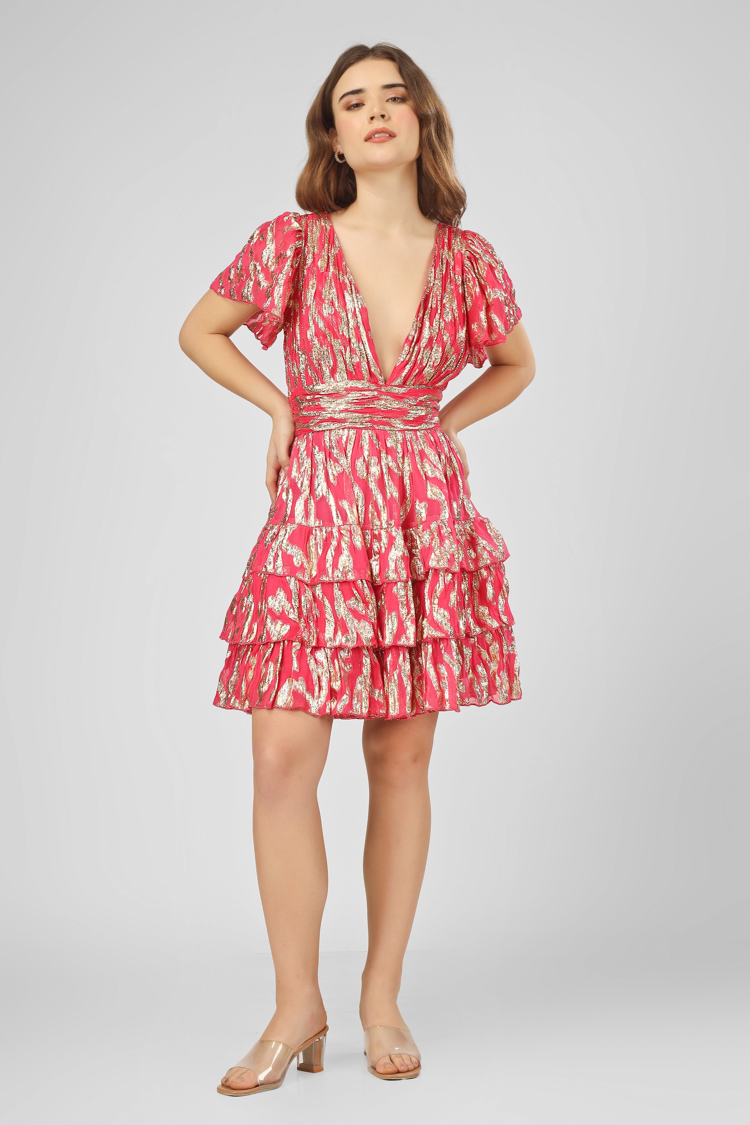 Madison Bright Pink Metallic Printed Mini Dress for Women - Party, Cocktail, Night Out, Date Night, Club Wear - Sexy & Stylish Fashion Outfit