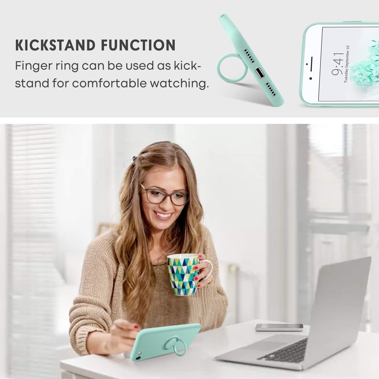 Premium Slim Silicone Shockproof Case for iPhone SE 2022/2020/8/7 - Soft Rubber Hybrid Protection with 360° Ring Kickstand - Mint Green Phone Cover for Women & Girls - Perfect for Daily Use, Travel & Outdoor Activities