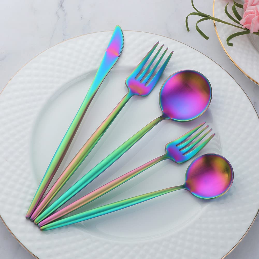 Buyer Star 16-Piece Rainbow Silverware Set - Stainless Steel Flatware with Iridescent Utensils, Knives, Forks & Spoons - Includes 2 Salad Plates - Dishwasher Safe Colorful Cutlery Set for Kitchen, Dining, Parties & Gift Giving