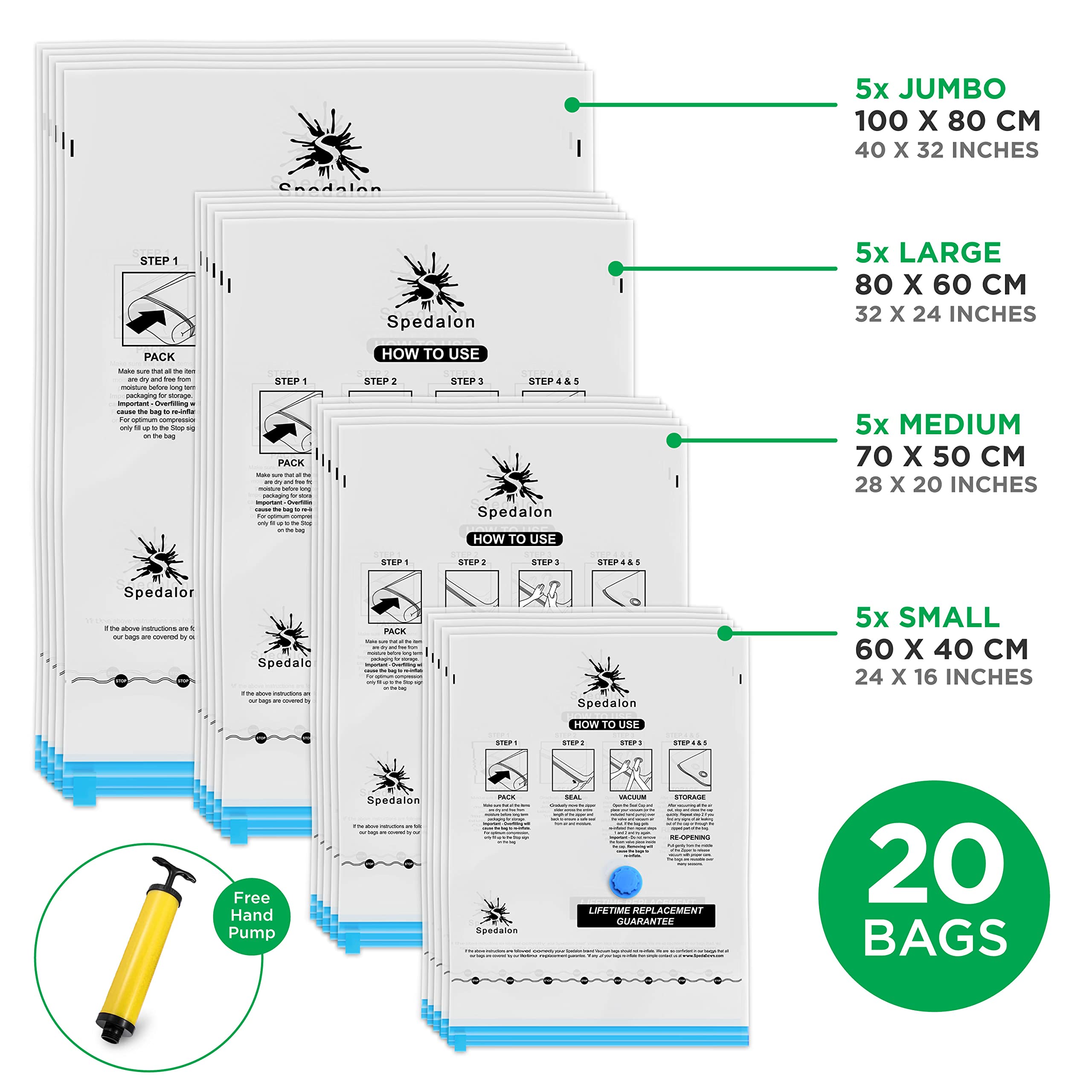 Vacuum Storage Bags 20 Pack (5 Jumbo + 5 Large + 5 Medium + 5 Small) with Hand Pump - Reusable Space Saver for Clothes, Bedding, Blankets, Pillows | Perfect for Travel, Moving, Seasonal Storage & Home Organization