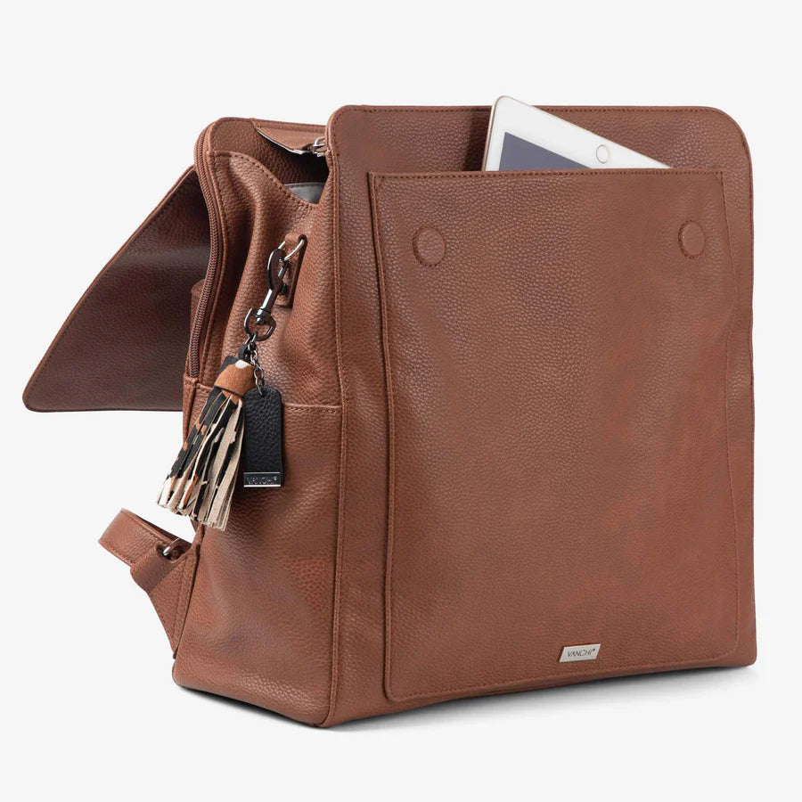 Vanchi Vegan Leather Emmy Backpack Diaper Bag in Pebbled Tan - Stylish & Spacious Baby Bag for Moms, Perfect for Travel, Shopping & Daily Use