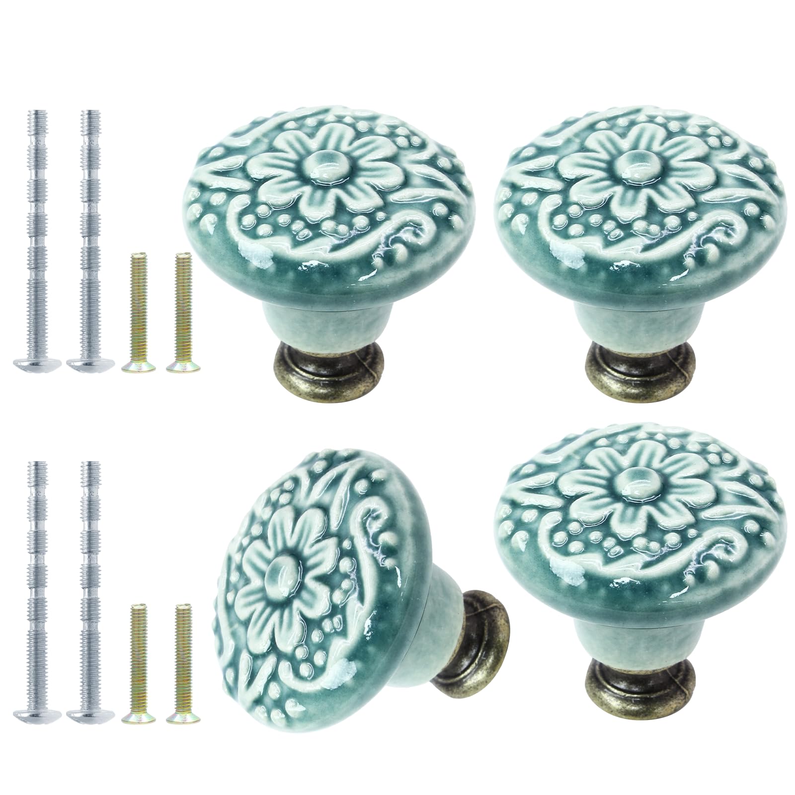 Vintage Green Ceramic Knobs 4pcs - Retro Drawer Pulls for Kitchen Cabinets & Furniture
