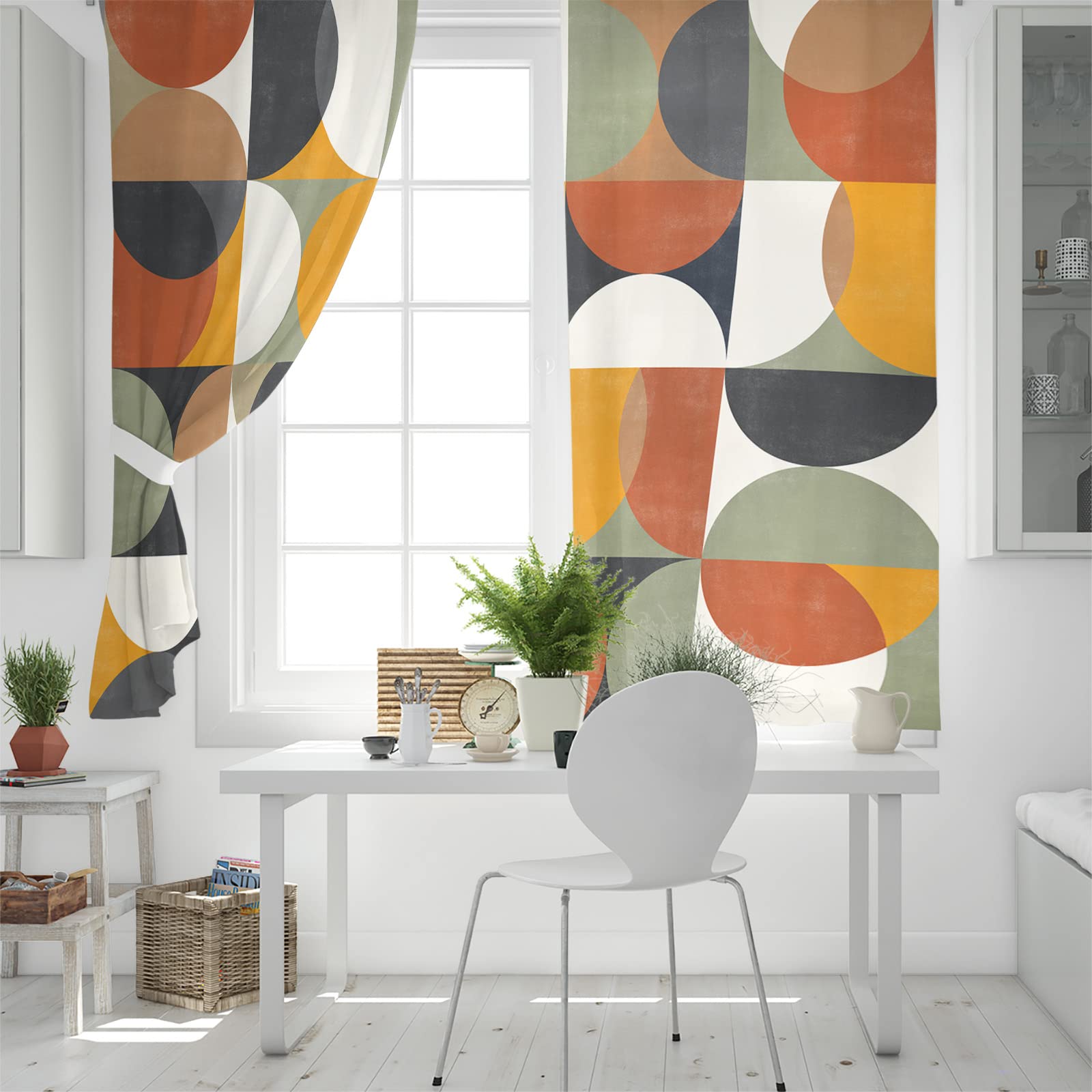 Mid Century Modern Curtains - Retro Orange Yellow Green Abstract Geometric Blackout Curtains for Living Room & Bedroom (2 Panels, 52x90 Inches) - Thermal Insulated Room Darkening Drapes for Home Decor, Privacy & Sun Protection