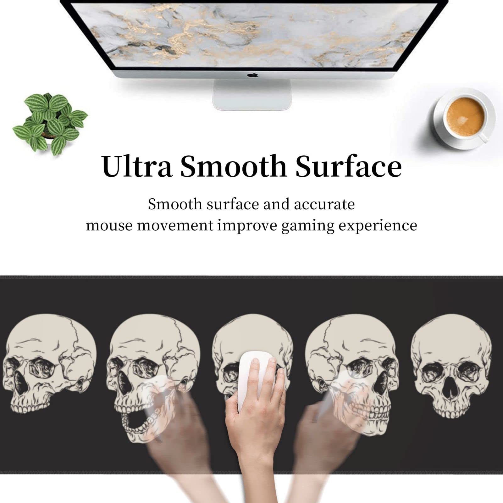Human Skull Design Gaming Mouse Pad - Non-Slip XL Large Mouse Mat with Stitched Edges & Rubber Base for PC, Laptop, Computer - Perfect for Gaming Setup, Office Work, and Home Desk Accessories