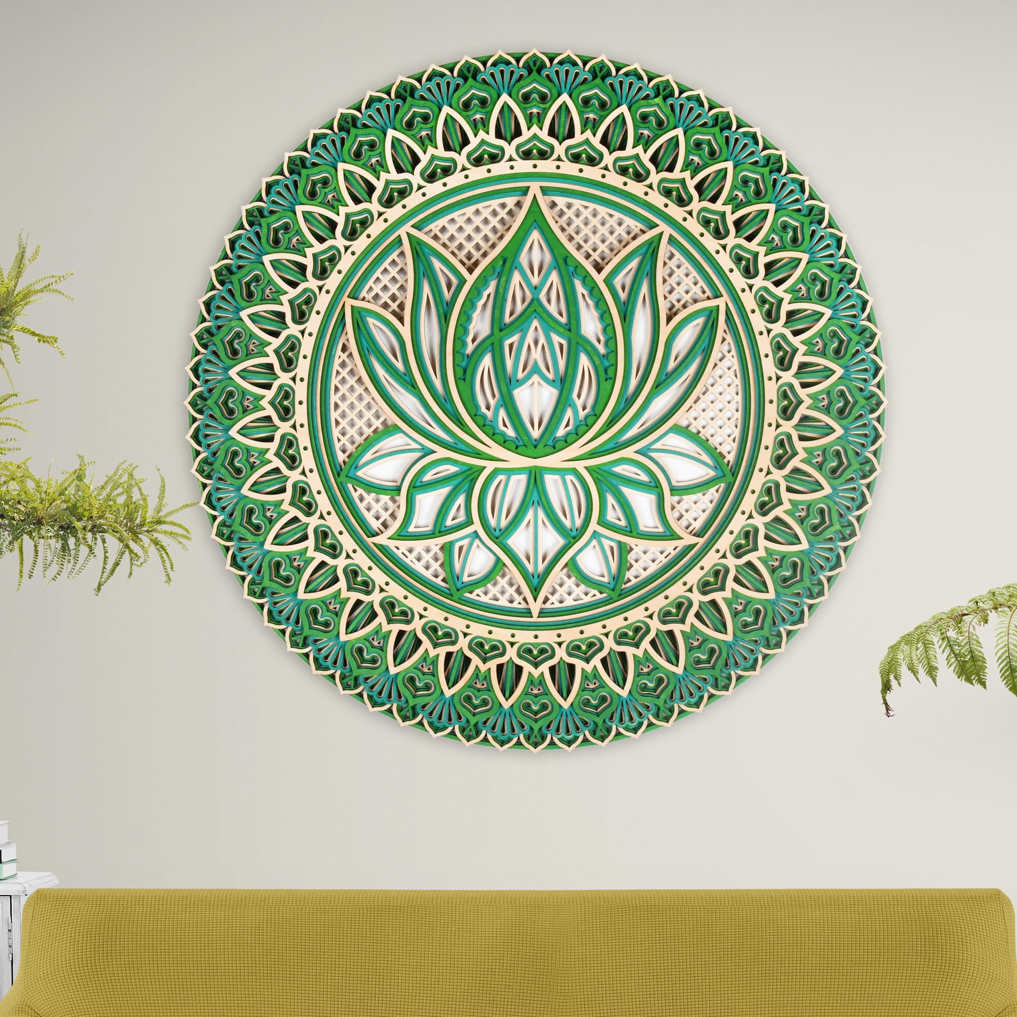 3D Wooden Lotus Mandala Wall Art - 17.7x17.7 Inch Handcrafted Zen Meditation Decor for Living Room, Bedroom & Yoga Studio - Eco-Friendly Home Healing Hanging Decor (Green, 45x45cm)