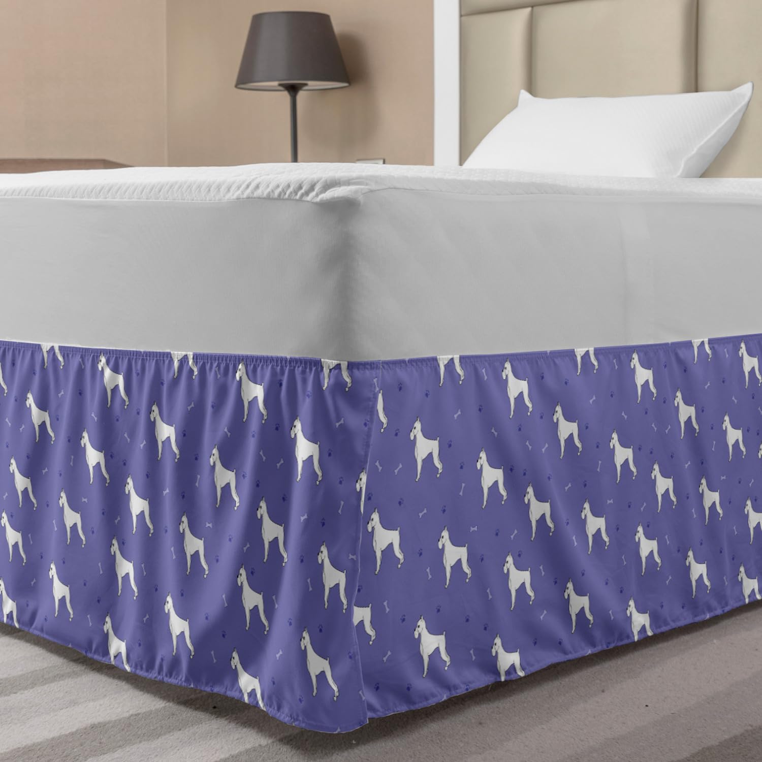 Ambesonne Boxer Dog Bed Skirt - Cartoon Paw Print Design for Twin/Twin XL Beds - Violet White Bedroom Decor