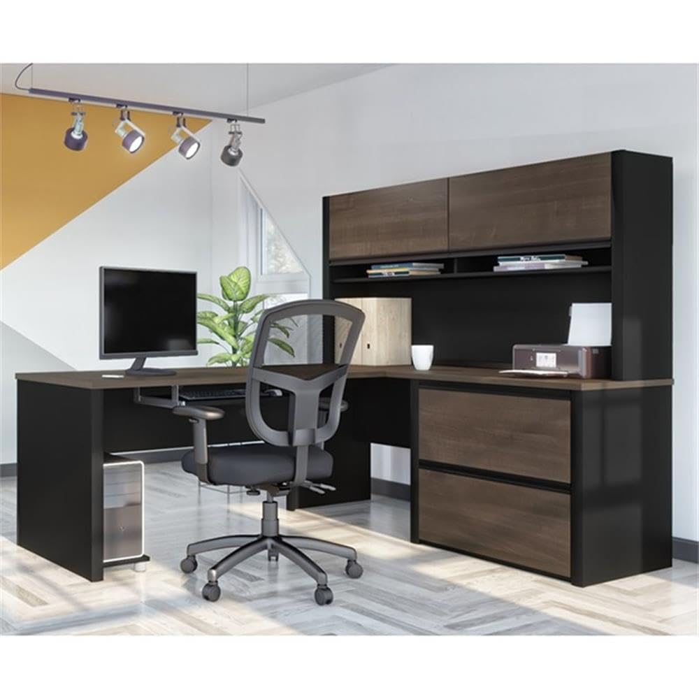 Pemberly Row 5-Piece L-Shaped Computer Desk with Hutch in Antigua and Black - Home Office Furniture for Small Spaces, Gaming & Workstation Setup