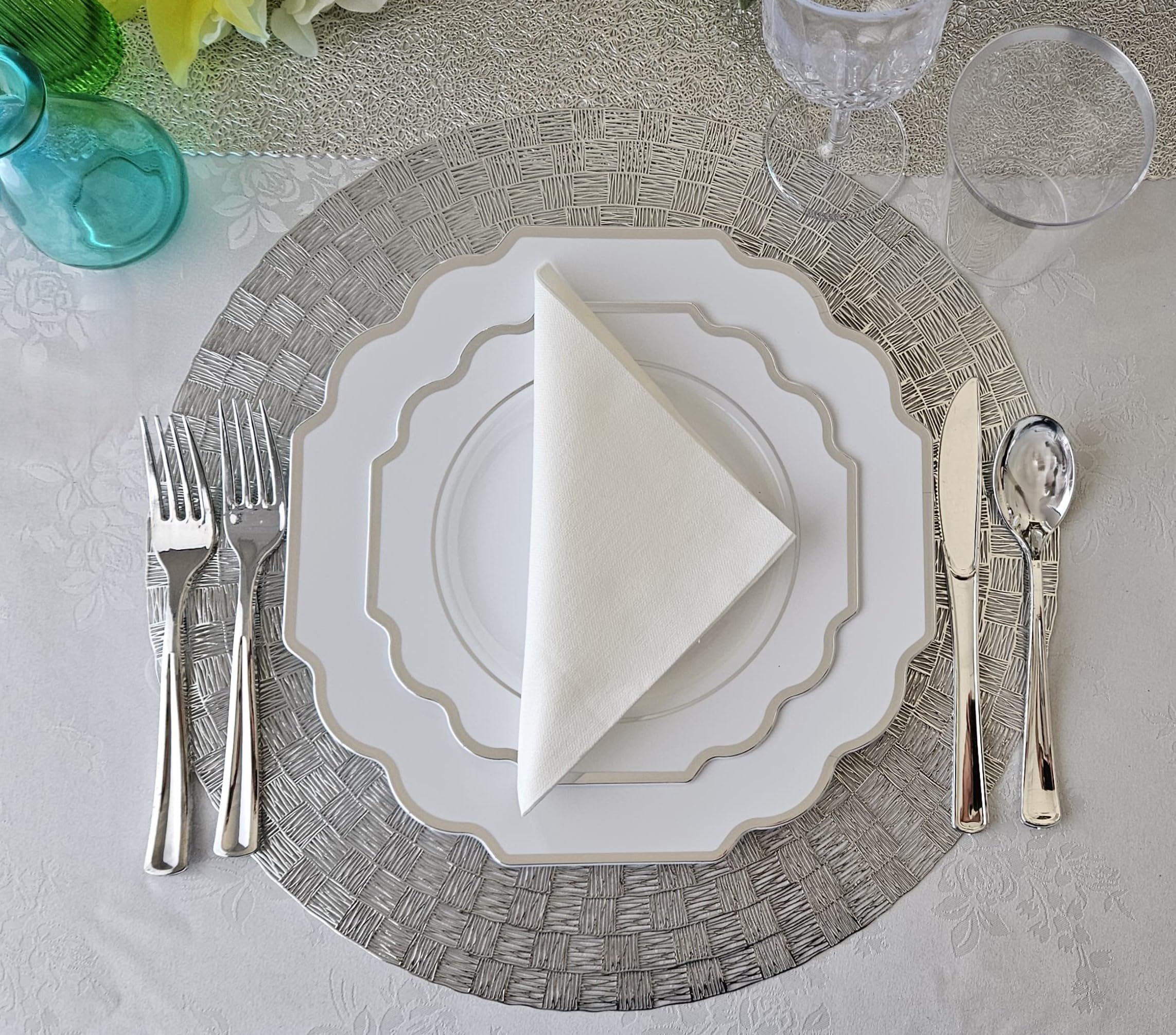 120-Pack Heavyweight Disposable Plastic Plates for Weddings & Parties - 10.5 Inch Elegant White & Silver Dinner Plates - Perfect for Formal Events, Catering & Home Celebrations