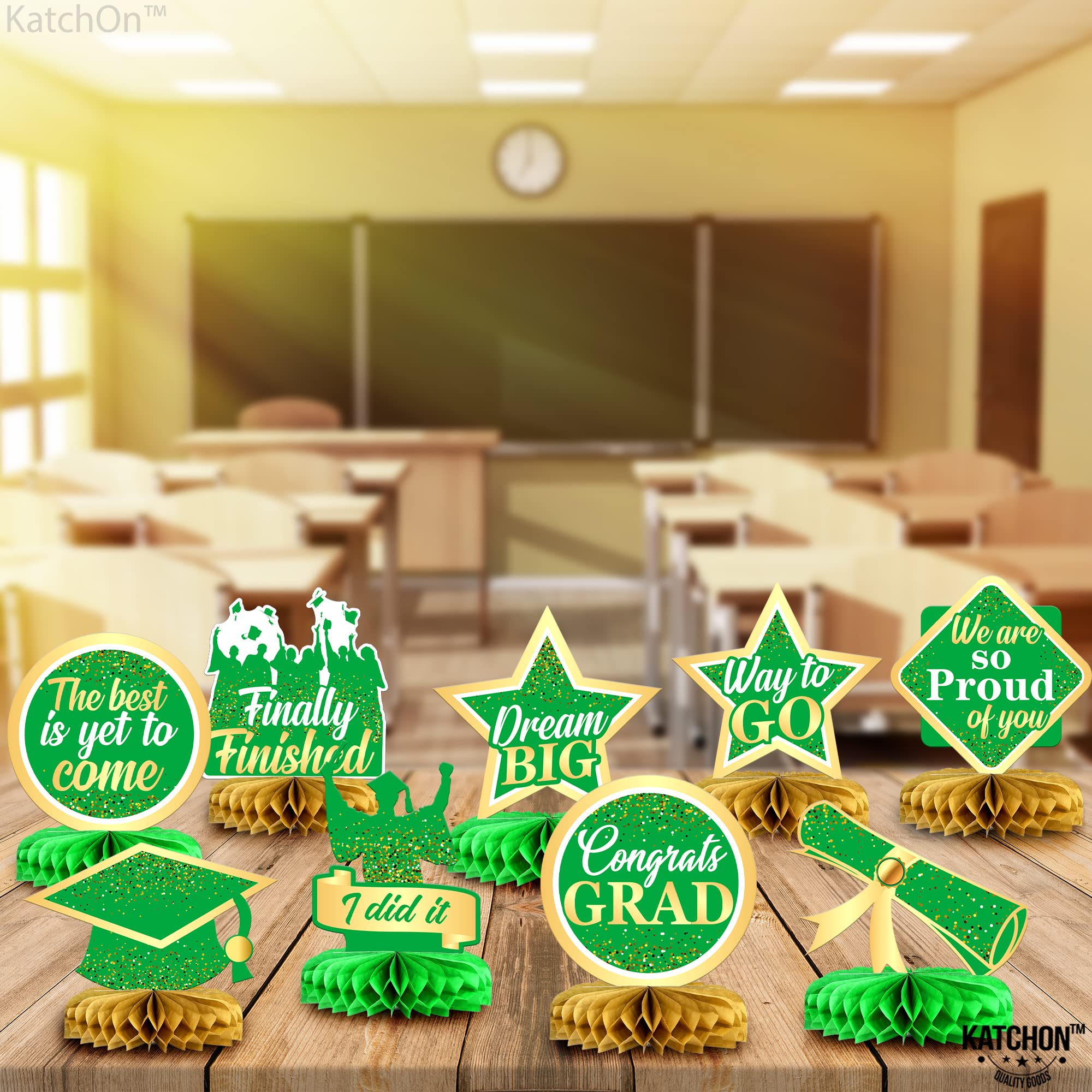 KatchOn Light Green & Gold Graduation Centerpieces for Tables 2025 - Pack of 9 Honeycomb Decorations | Congrats Grad Party Supplies | Perfect for Graduation Ceremonies, Banquets & Photo Backdrops