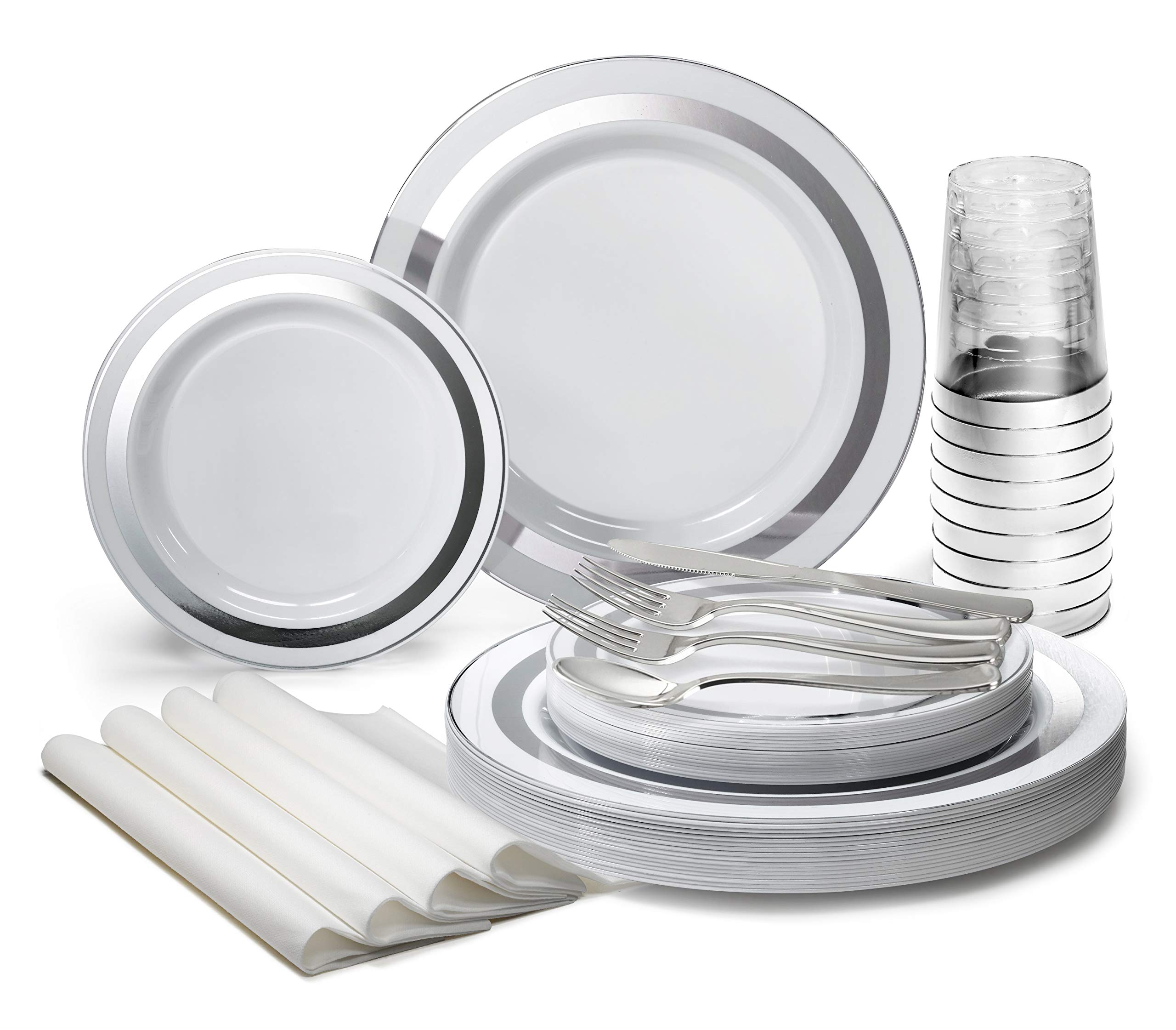 640-Piece Heavyweight Disposable Plastic Plate Set for Weddings & Parties - 80 x 10.5'' & 80 x 7.5'' Plates + Silverware + Cups + Linen-Like Napkins (Soleil White & Silver) - Perfect for Large Gatherings, Catering & Special Events