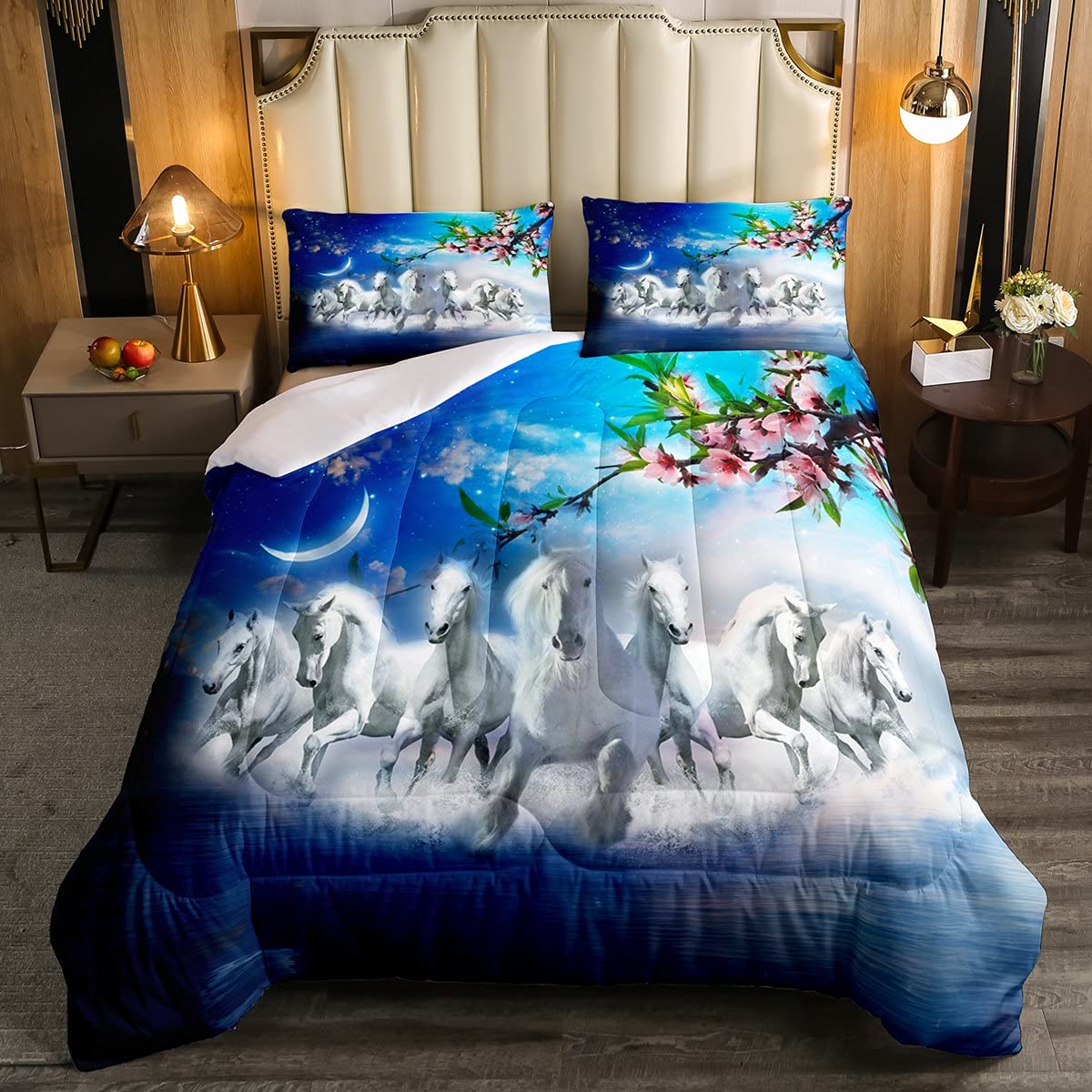 White Horse Duvet Cover Twin Size - Wild Western Animals & Tree Branches Floral Comforter Set with Blue Galaxy Moon Design - Cowboy Themed Bedroom Decor for Western Style Homes & Guest Rooms