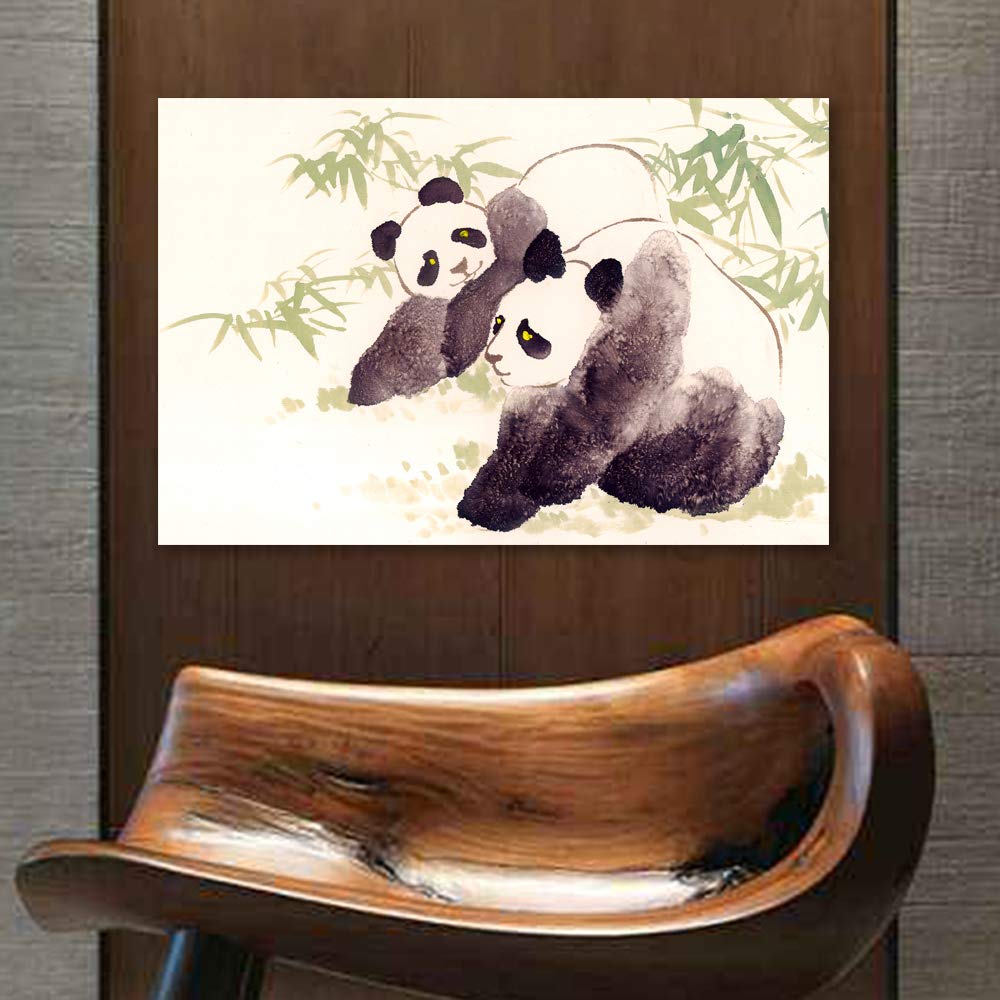 Wall26 Canvas Wall Art - Panda with Bamboo Giclee Painting, 16x24 Inches, Perfect for Bedroom, Living Room, Home Office, and Nursery Decor