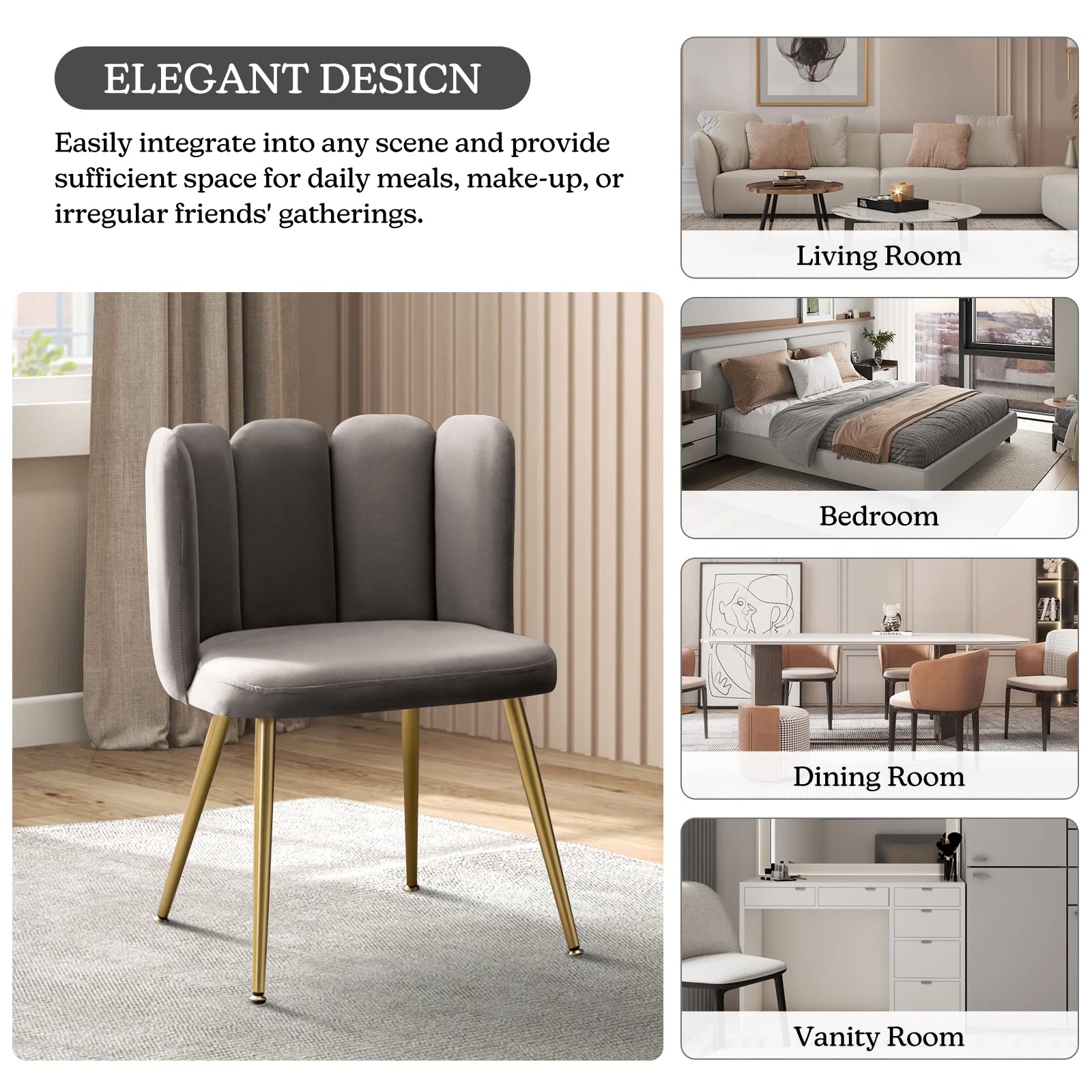 HULALA HOME Velvet Accent Chairs Set of 2 - Modern Upholstered Vanity Chair with Shell Back & Gold Metal Legs for Makeup Room, Living Room, Dining Room - Soft Grey Velvet Lounge Chairs for Bedroom, Office, Dressing Area