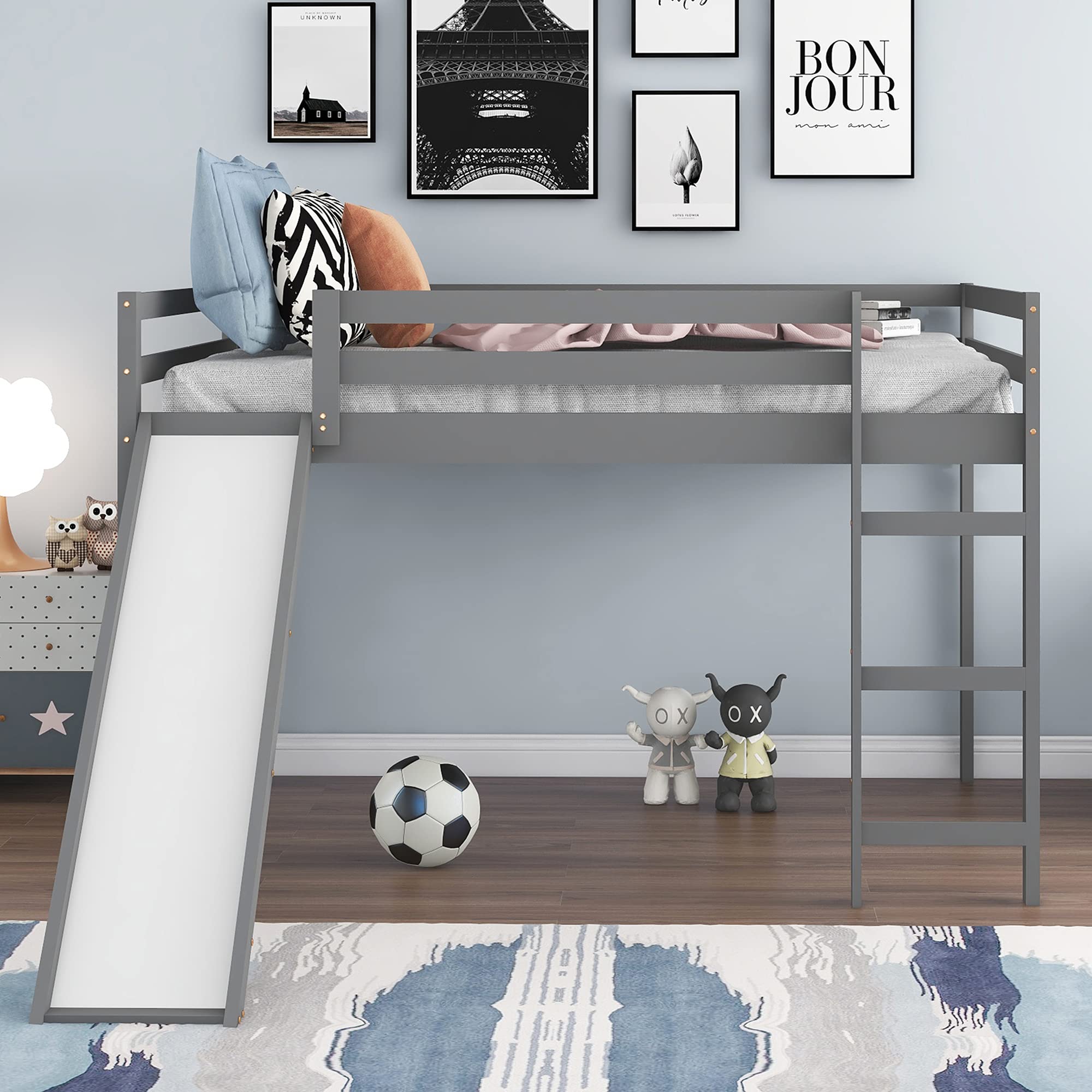 P PURLOVE Full Size Wooden Loft Bed with Slide for Kids & Teens - Low Profile Design, No Box Spring Needed - Perfect for Small Bedrooms, Playrooms & Dorm Rooms
