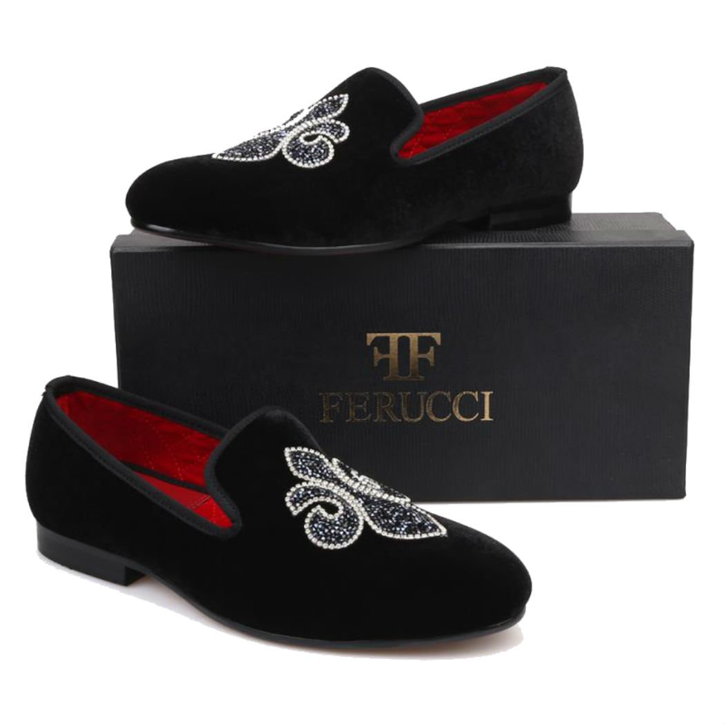 FERUCCI Handmade Men's Black Velvet Slippers - Crystal Embroidered Loafers for Indoor & Outdoor Comfort | Perfect for Home, Hotel & Lounge Wear