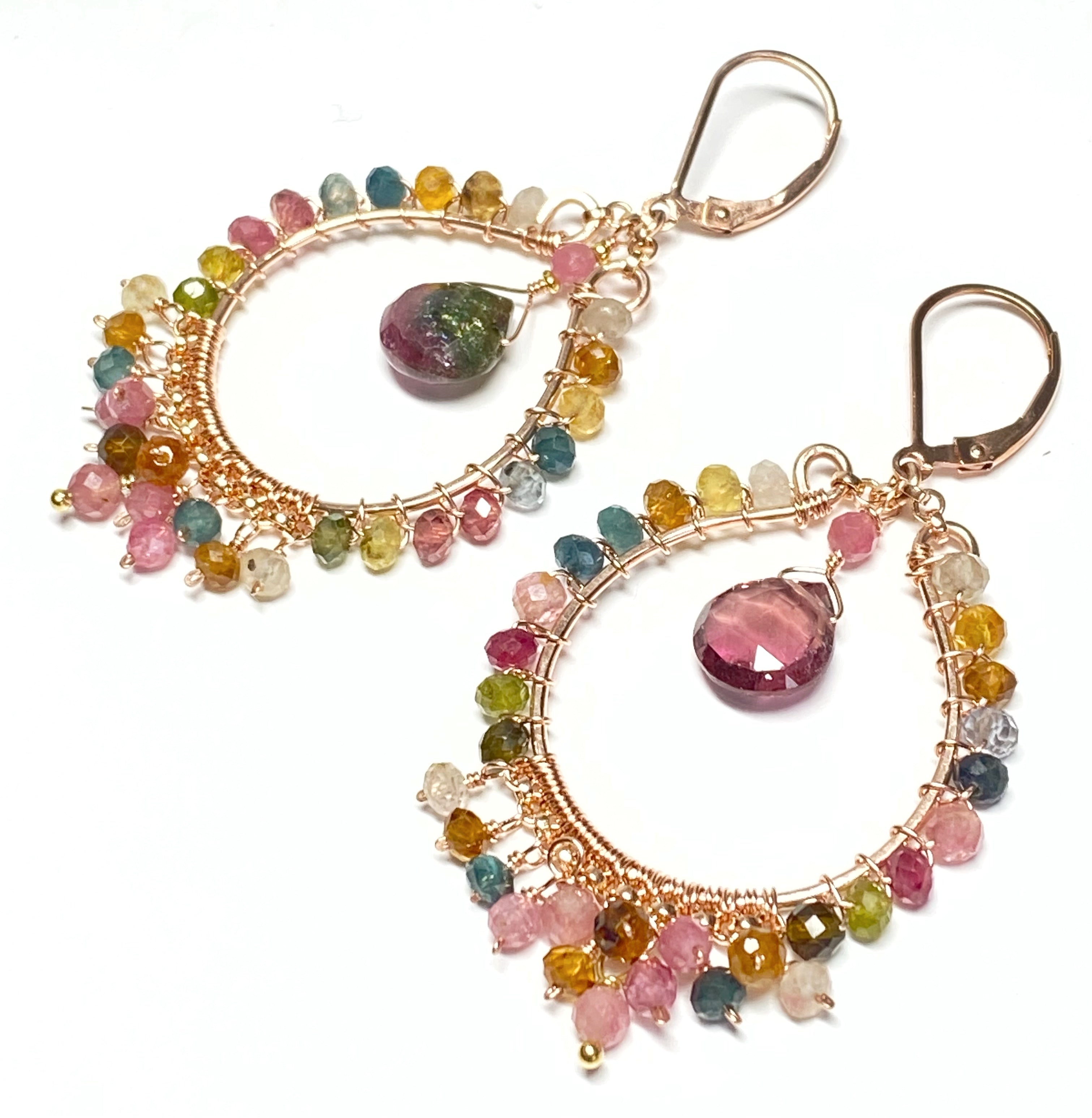 Tourmaline Rose Gold Hoop Chandelier Earrings for Women - Elegant Dangling Drop Earrings for Party, Wedding & Evening Outfits