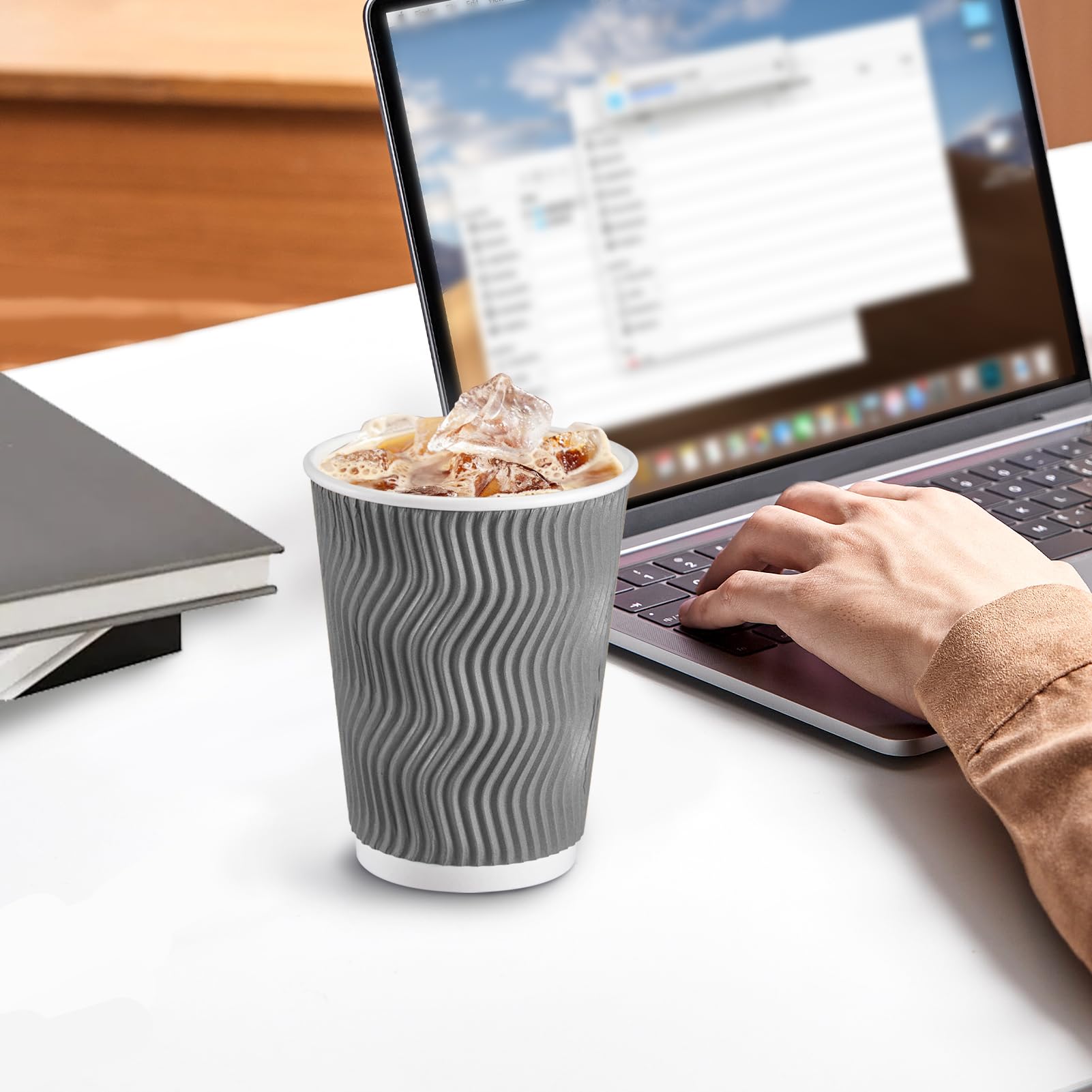 Lamosi 12 oz Insulated Disposable Coffee Cups - 50 Pack Grey Paper Cups, Corrugated Ripple Wall Design for Hot & Cold Drinks, Perfect for Office, Cafes, and Catering Events