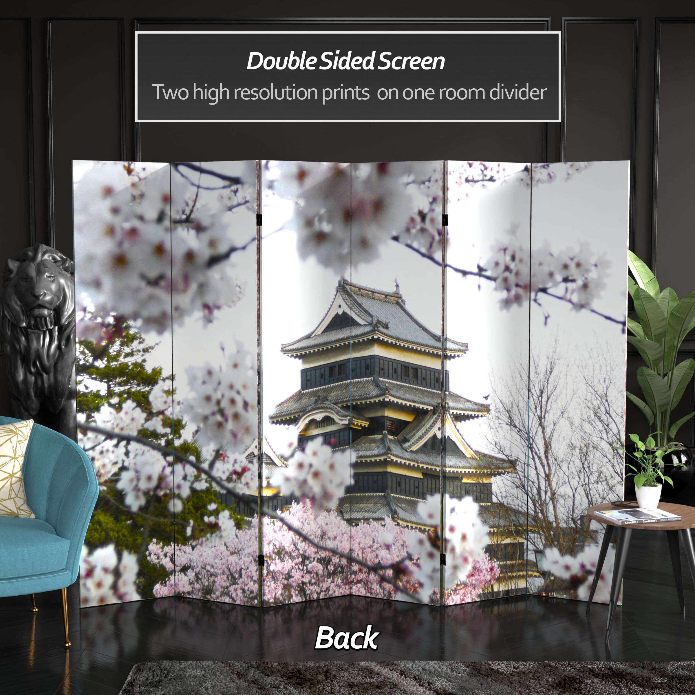 6 ft. Tall Double Sided Cherry Blossom Canvas Room Divider - Red Lantern Asian Inspired Folding Screen for Home Decor, Bedroom Partition & Event Backdrop