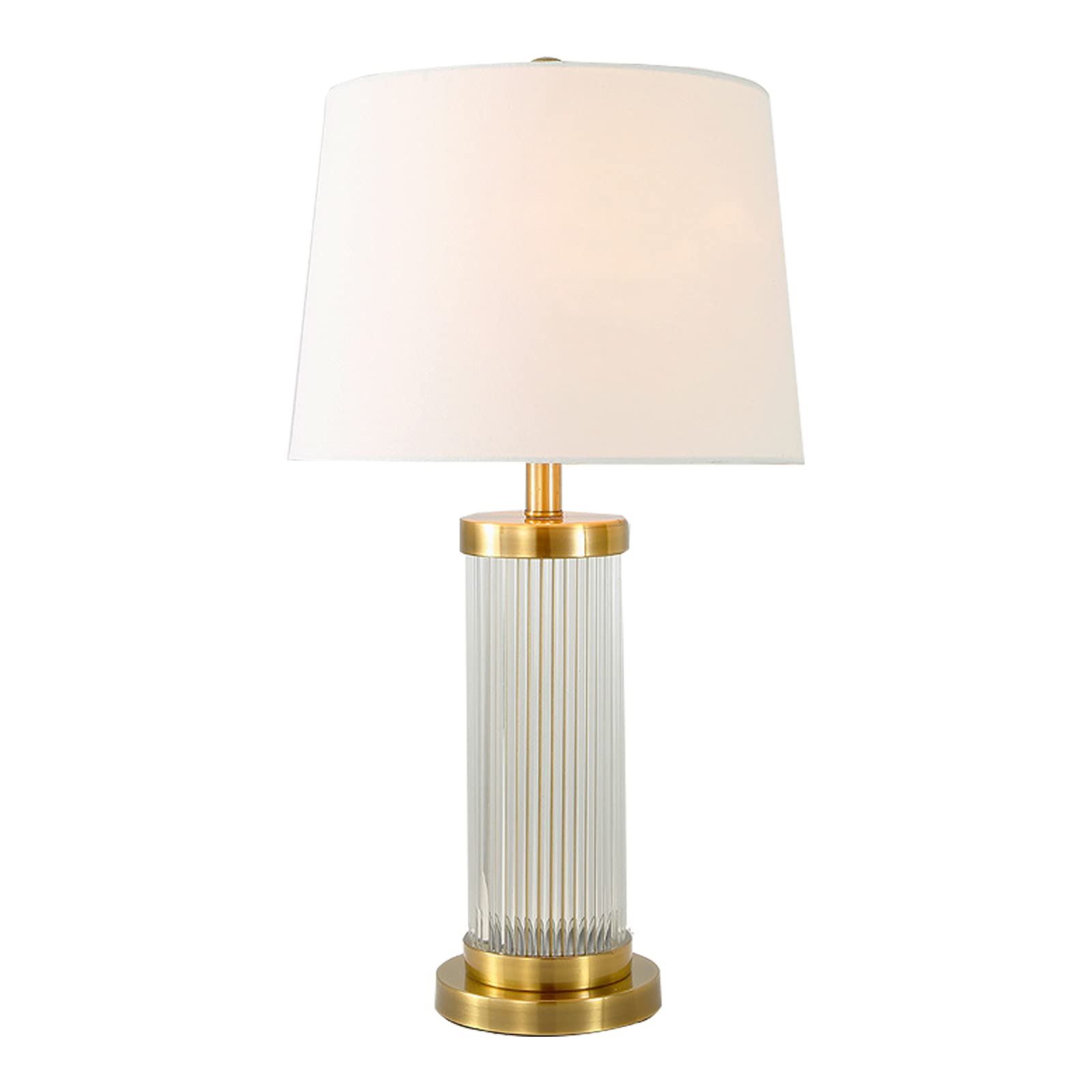 Modern Golden Crystal Table Lamp with Metal Base & White Linen Shade - Elegant Cylindrical Glass Rod Design for Bedroom Nightstand, Living Room, Office Decor - Warm Ambient Lighting for Reading & Relaxation