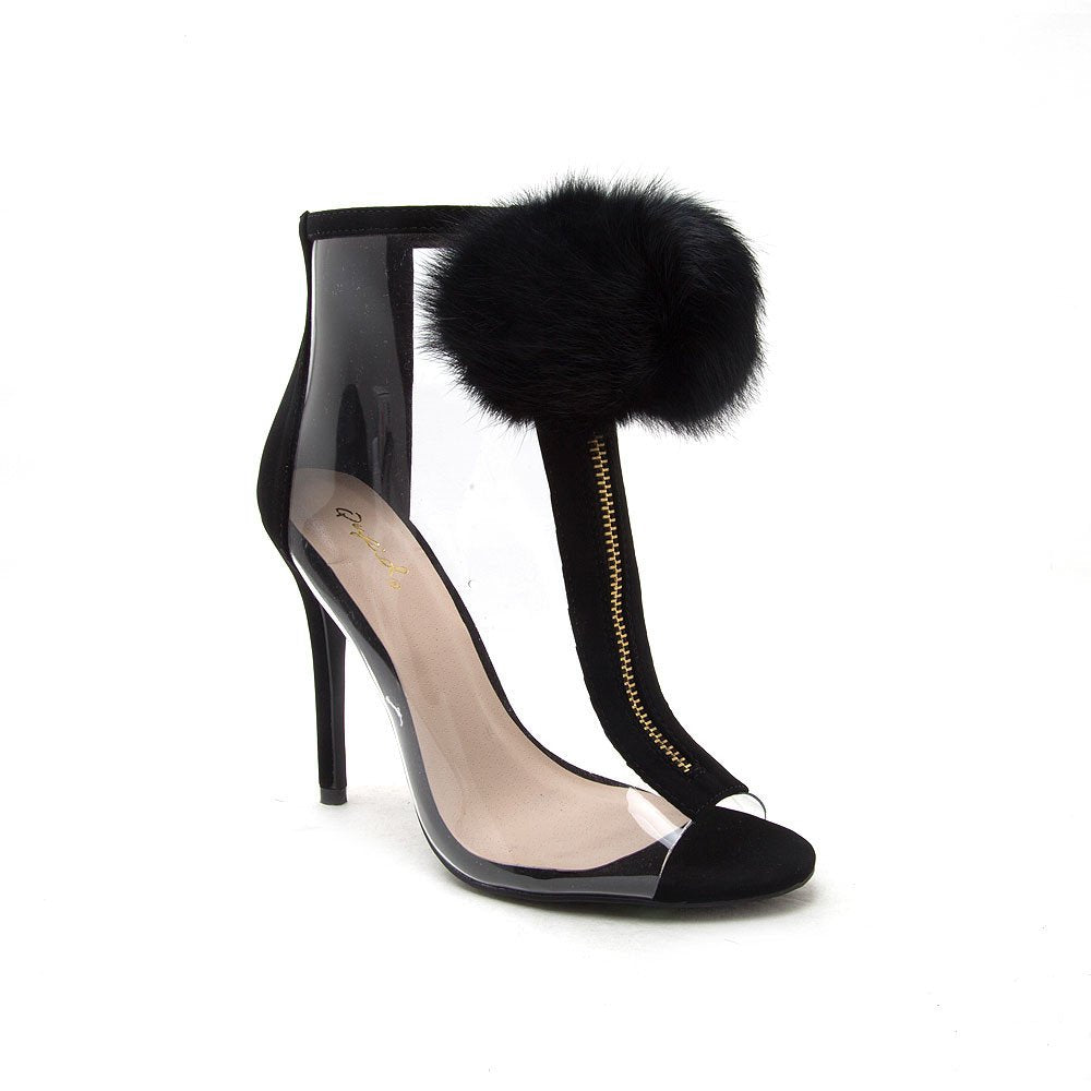 Black Faux Fur Pom Pom Booties for Women - Cozy Winter Slippers with Fluffy Pom Poms, Perfect for Home, Lounge & Gift Giving