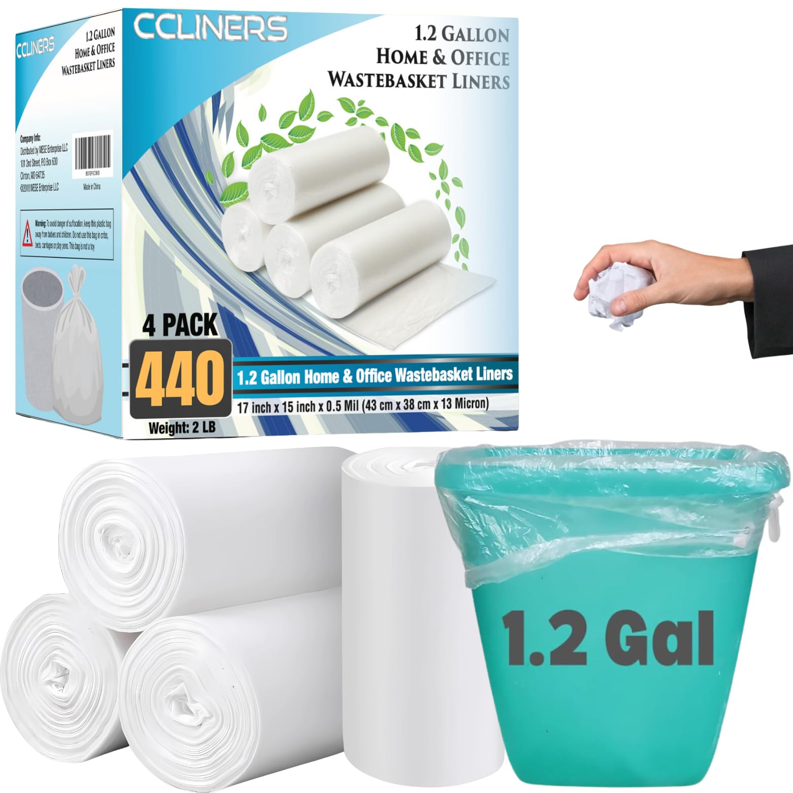 1.2 Gallon (5 Liter) Small Trash Bags - 440 Count Clear Plastic Wastebasket Liners for Bathroom, Home & Office Bins | Perfect for Kitchen, Bedroom, Bathroom & Office Waste Disposal
