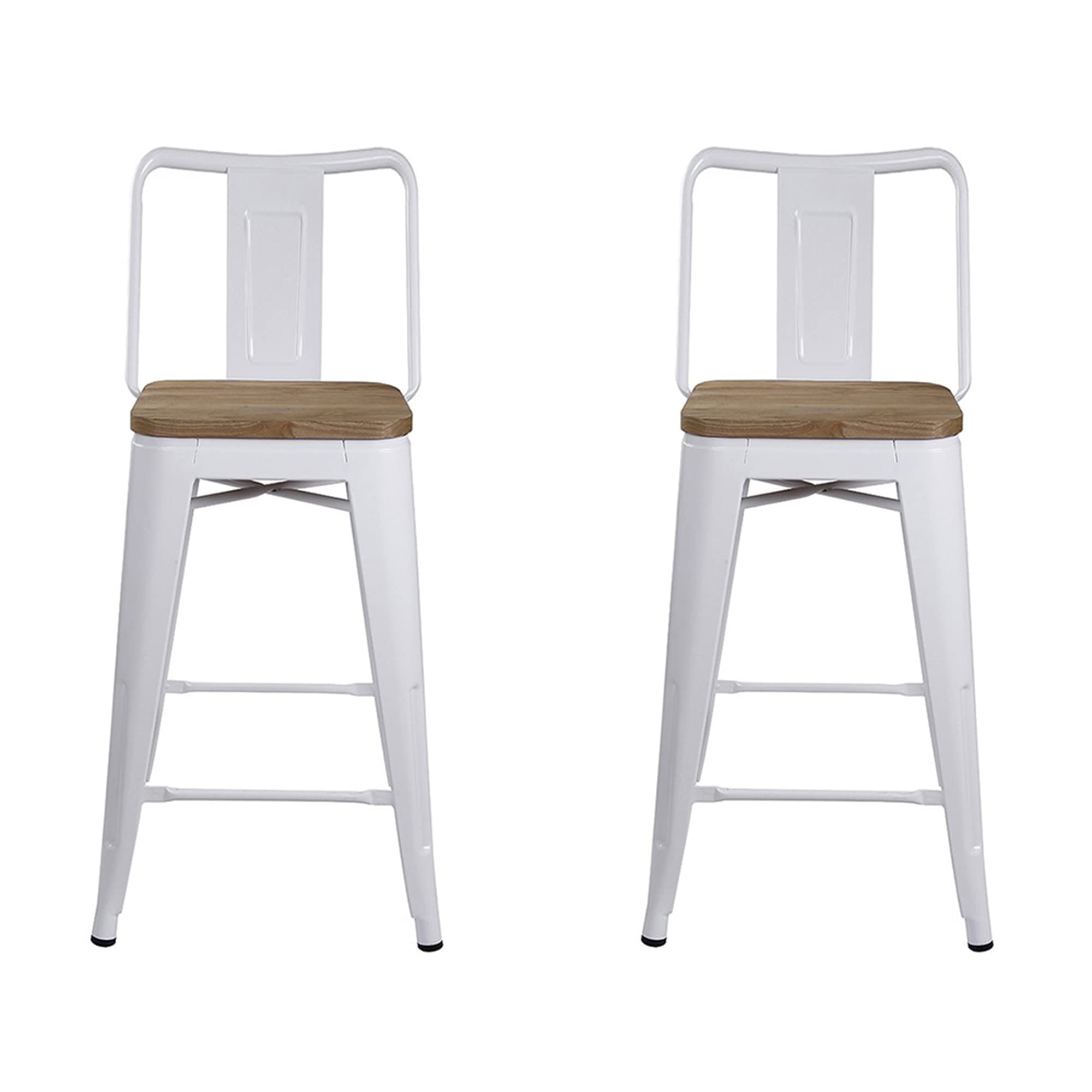LEEJAY Commercial Grade Indoor Metal Bar Stools Set of 4 - 24 Inch High Back White Counter Height Barstools with Light Wooden Top, 12