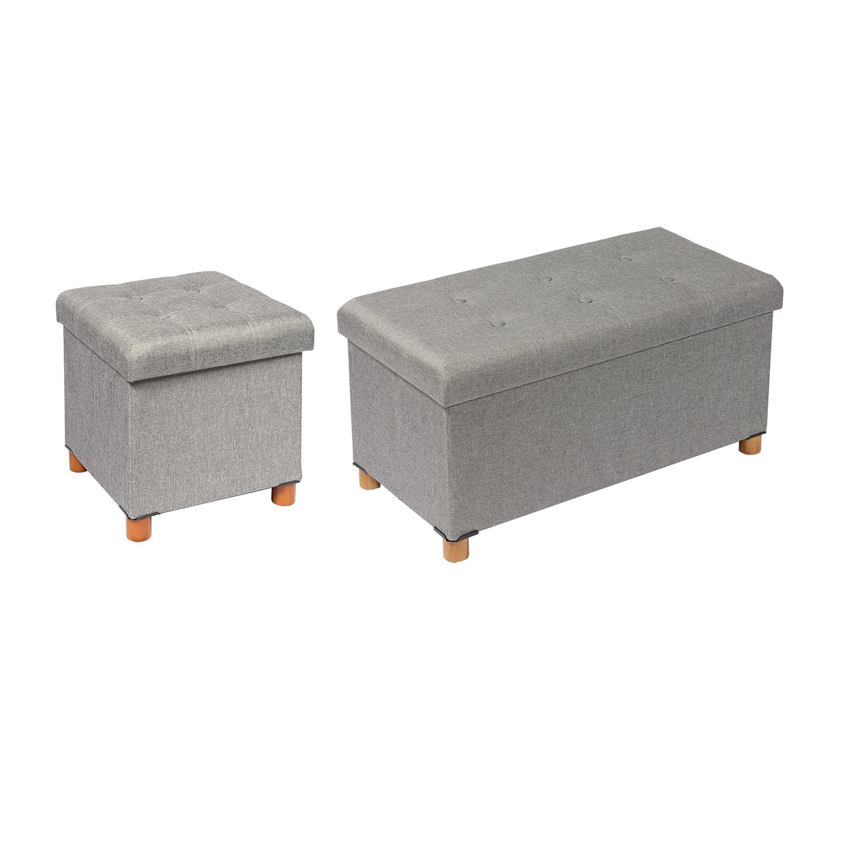 Storage Ottoman with Tray - Foldable Foot Stool with Wooden Legs, Linen Grey Storage Cube Seat for Living Room, Bedroom & Home Decor | Multi-Functional for Extra Seating, Footrest & Hidden Storage