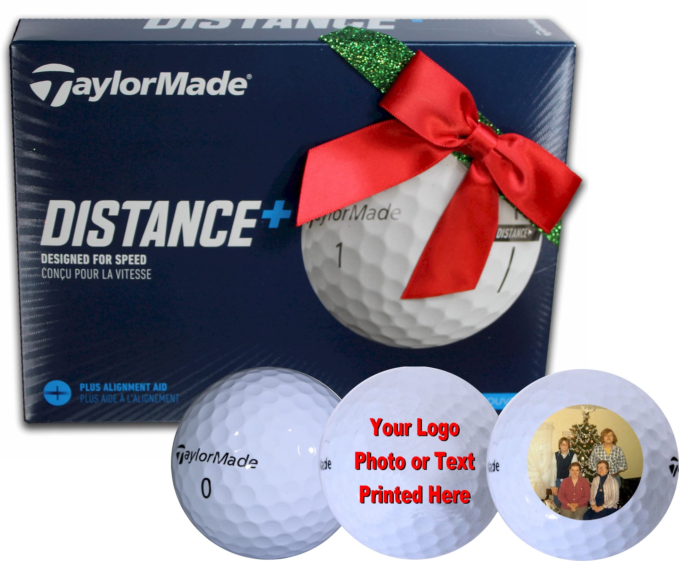 TaylorMade Distance+ Personalized Golf Balls 12-Pack - Custom Logo Golf Balls for Your Unique Swing | Perfect for Tournaments, Gifts & Holidays with Festive Christmas Ribbon Packaging