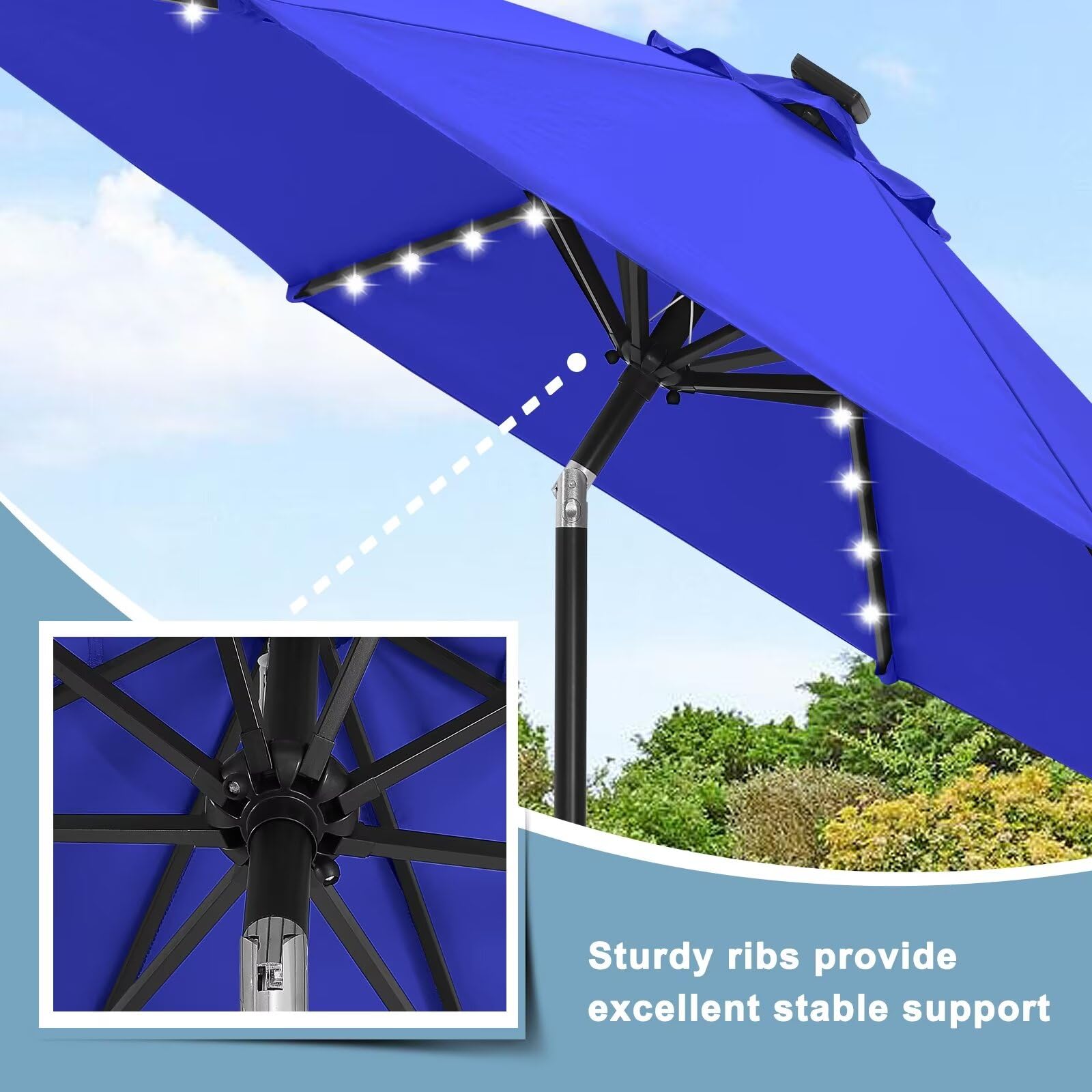 Durable 7.5FT Solar LED Patio Umbrella with 32 Lights - Royal Blue | Waterproof Outdoor Canopy for Garden, Poolside & Backyard Relaxation