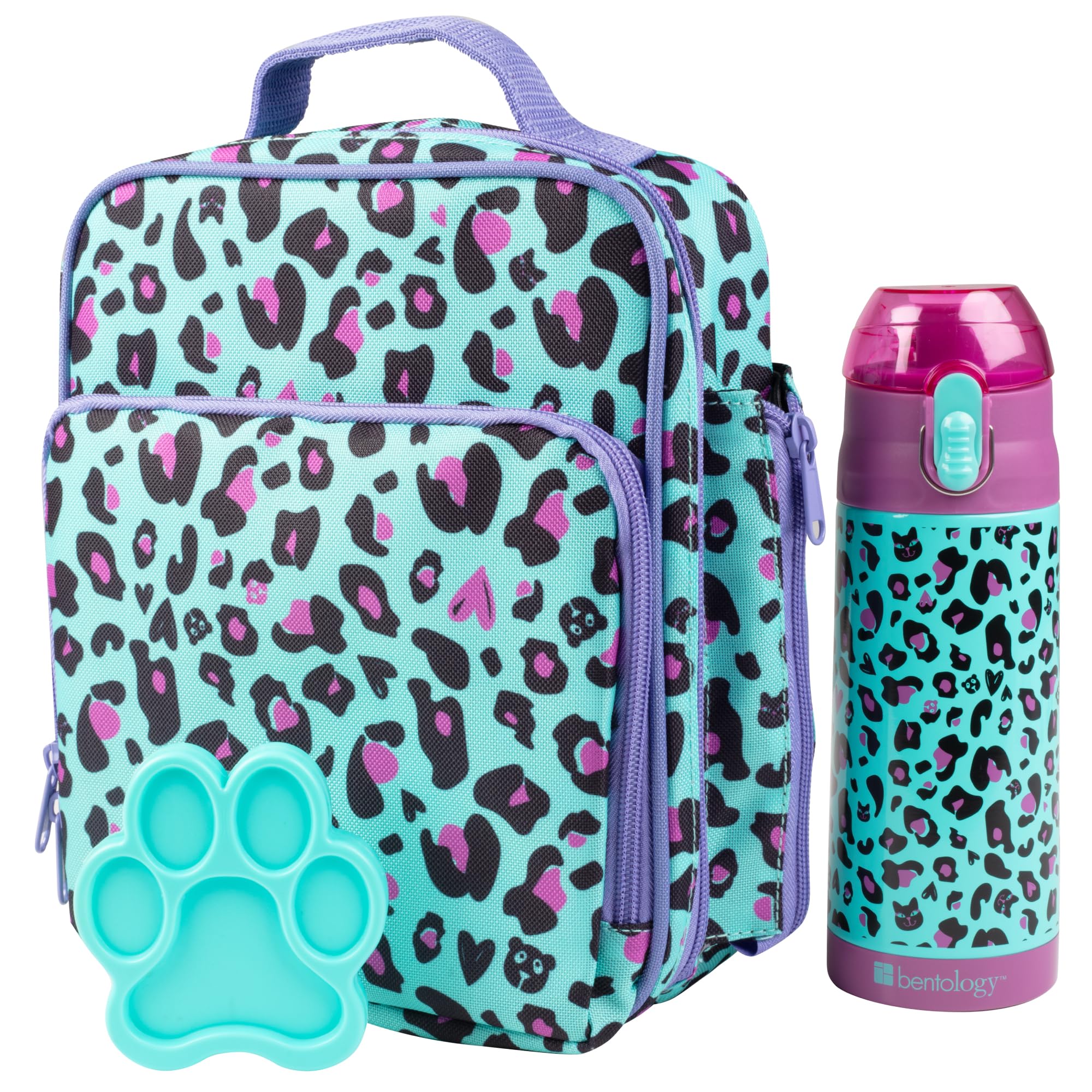 Bentology Kids Lunch Bag Set with Matching Reusable Water Bottle & Hard Ice Pack - Blue Purple Cheetah Print - Insulated Tote, Stainless Steel Thermos, Ice Pack - Back to School Lunchbox Kits for Boys & Girls - Perfect for School, Picnics, and Travel